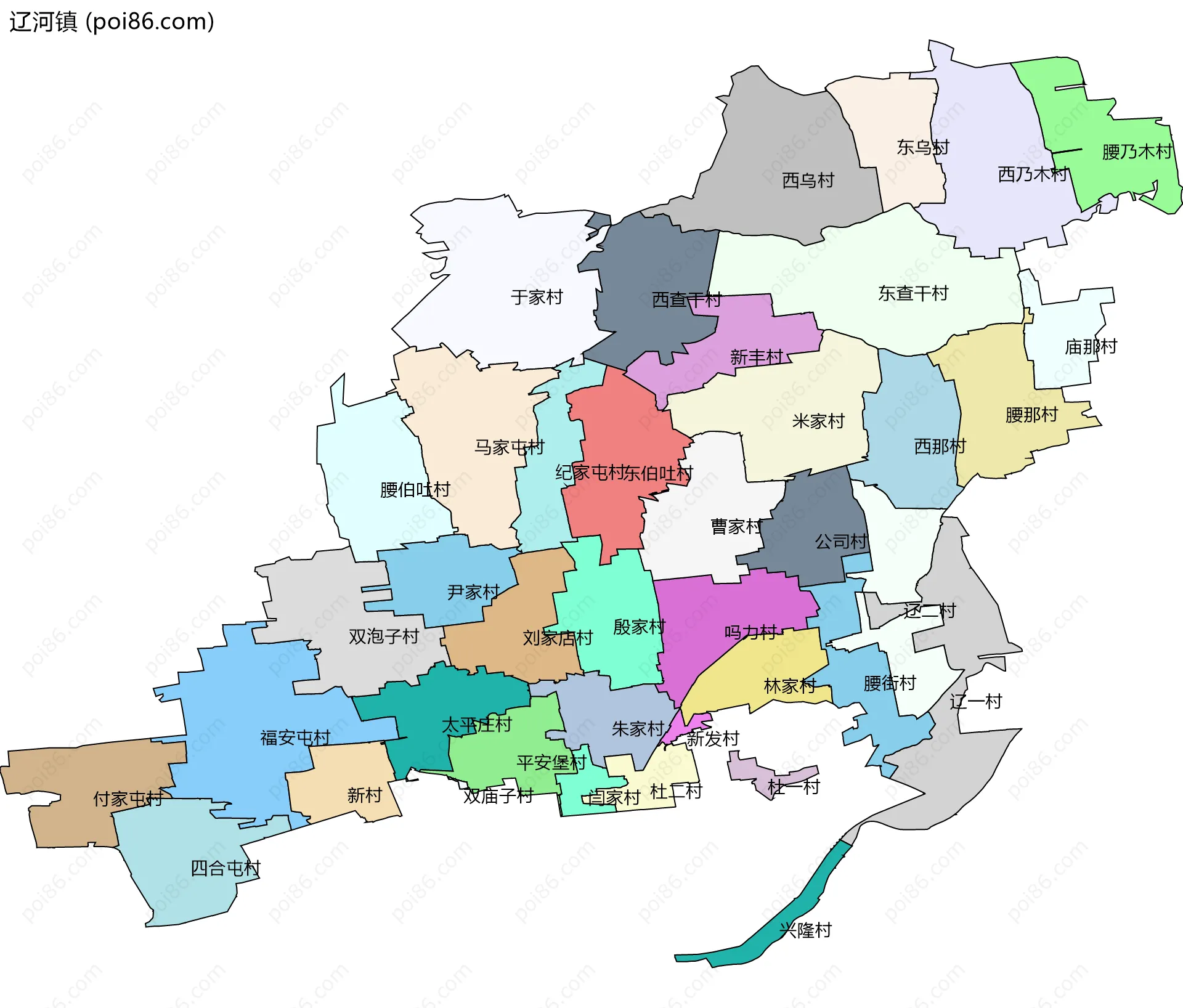 辽河镇边界地图(五级行政区划)