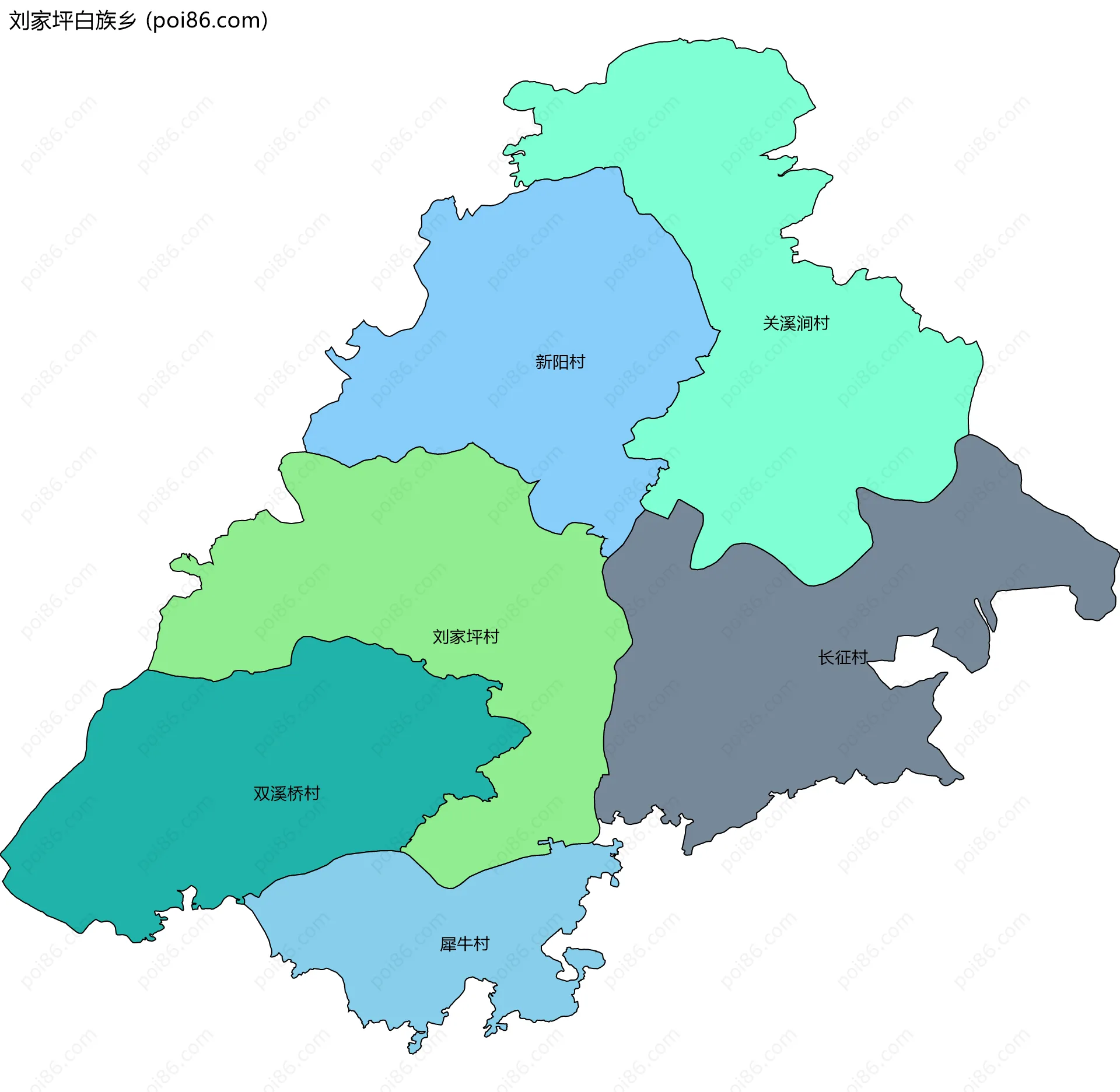 刘家坪白族乡边界地图(五级行政区划)