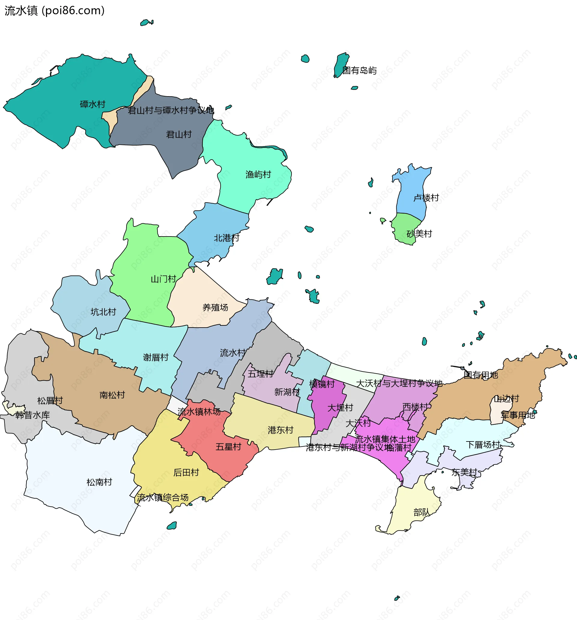 流水镇边界地图(五级行政区划)