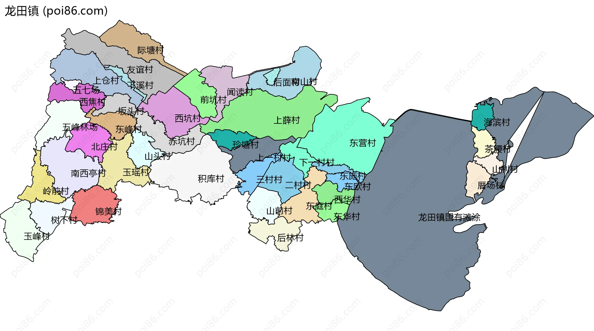 龙田镇边界地图(五级行政区划)