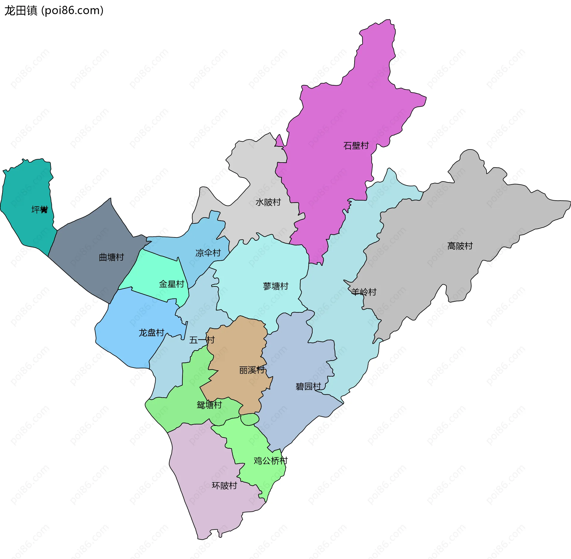 龙田镇边界地图(五级行政区划)