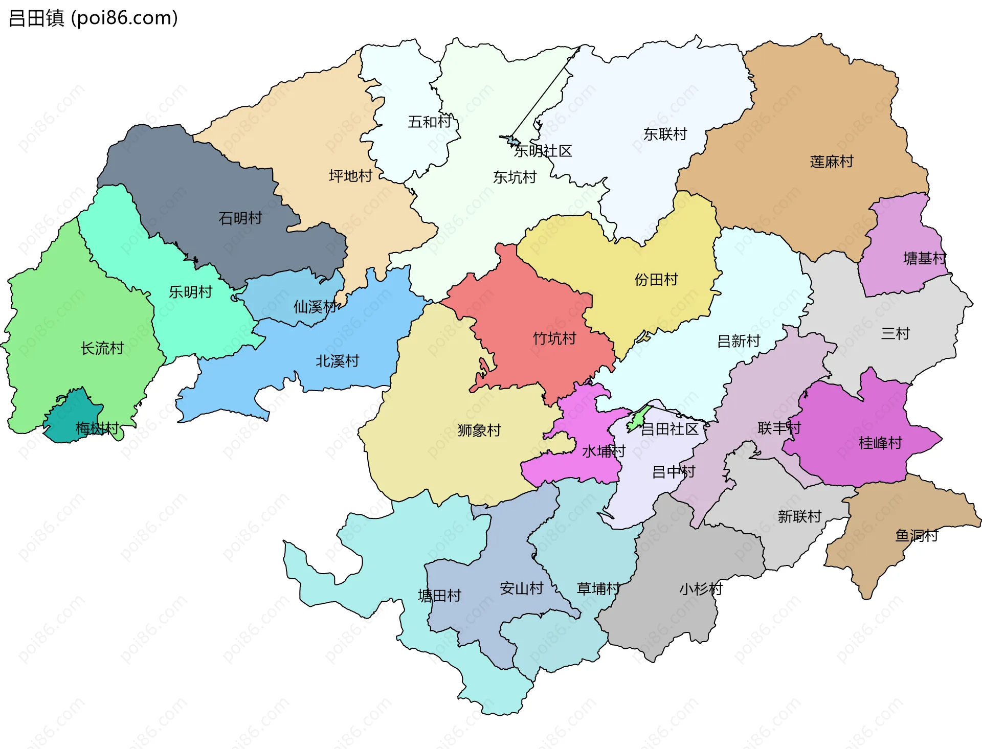 吕田镇边界地图(五级行政区划)