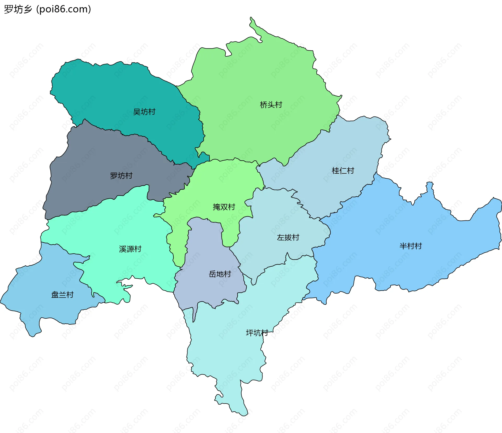 罗坊乡边界地图(五级行政区划)