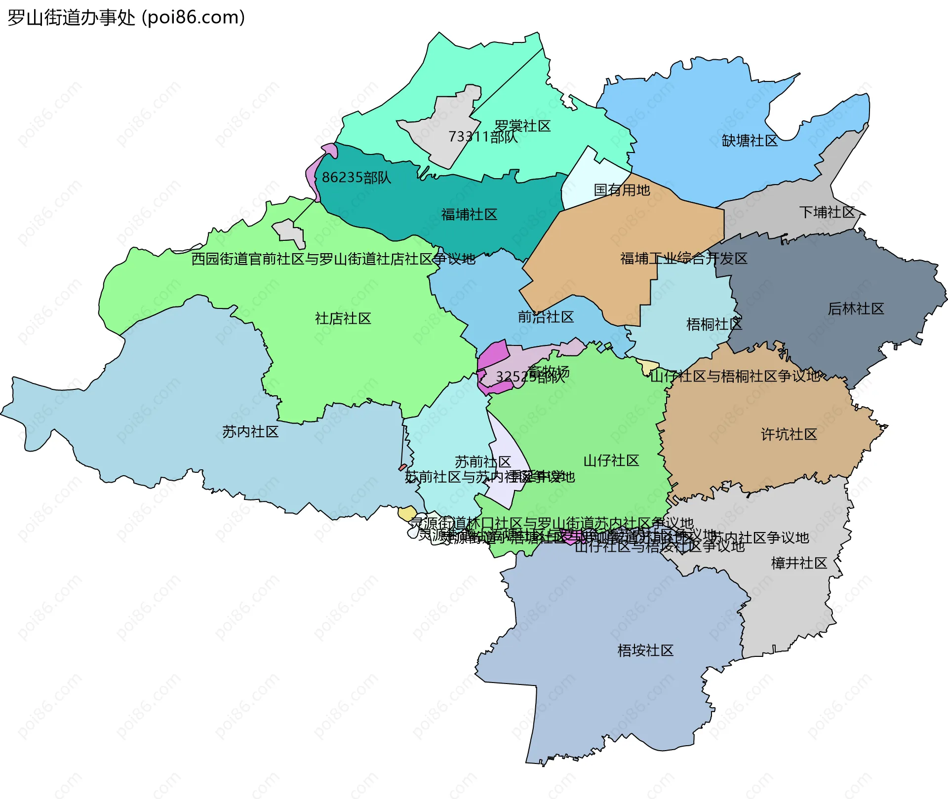 罗山街道办事处边界地图(五级行政区划)