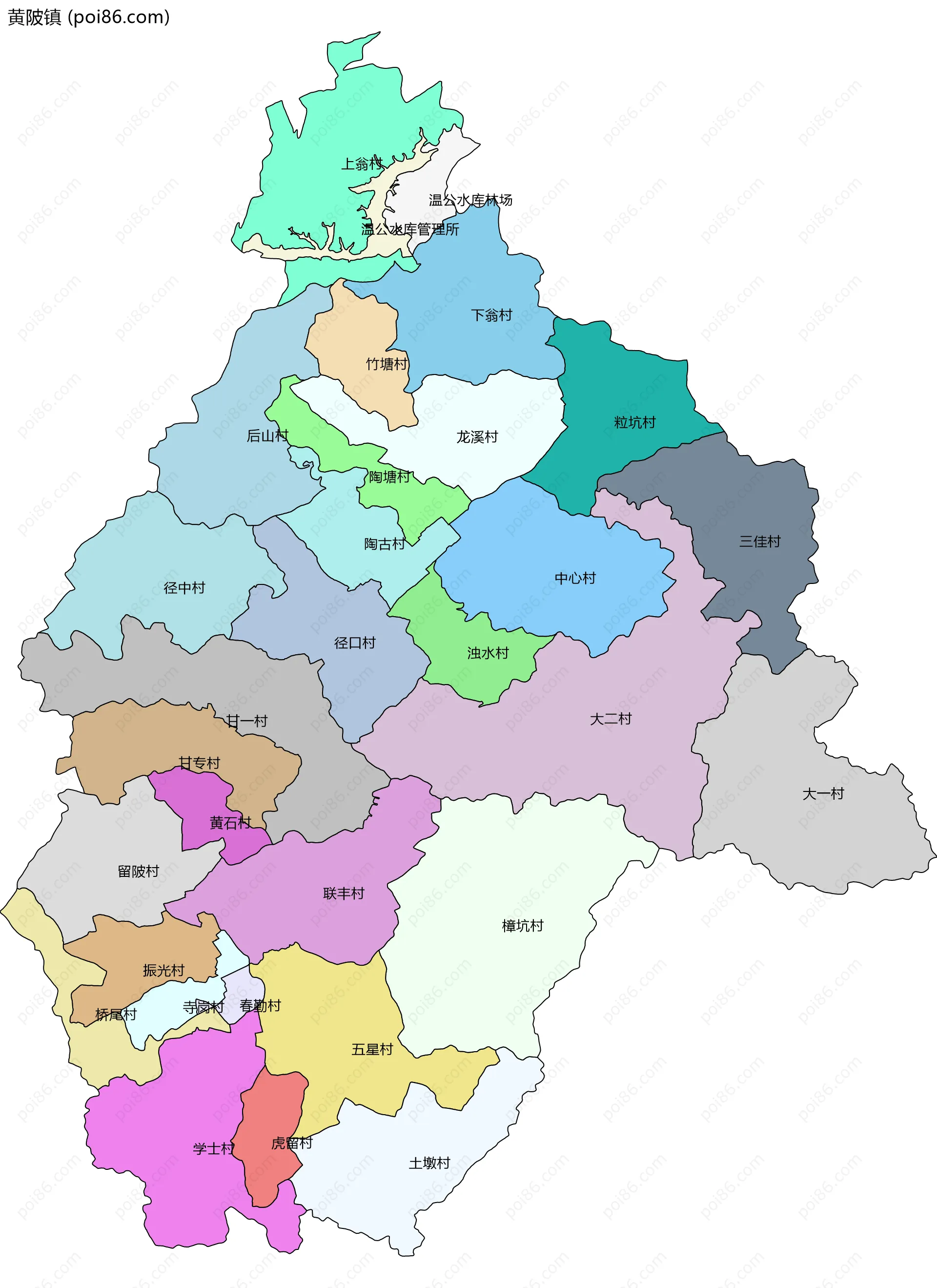 黄陂镇边界地图(五级行政区划)