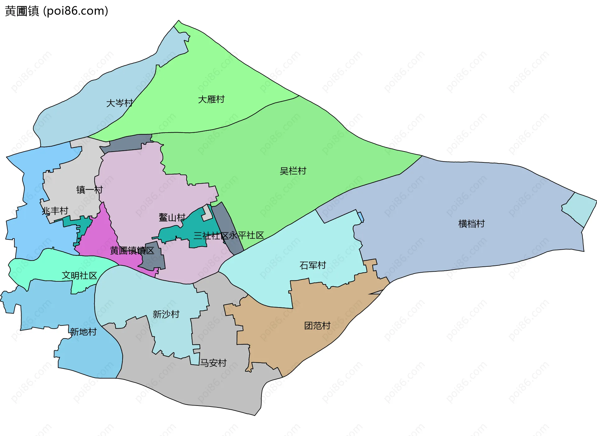 黄圃镇边界地图(五级行政区划)