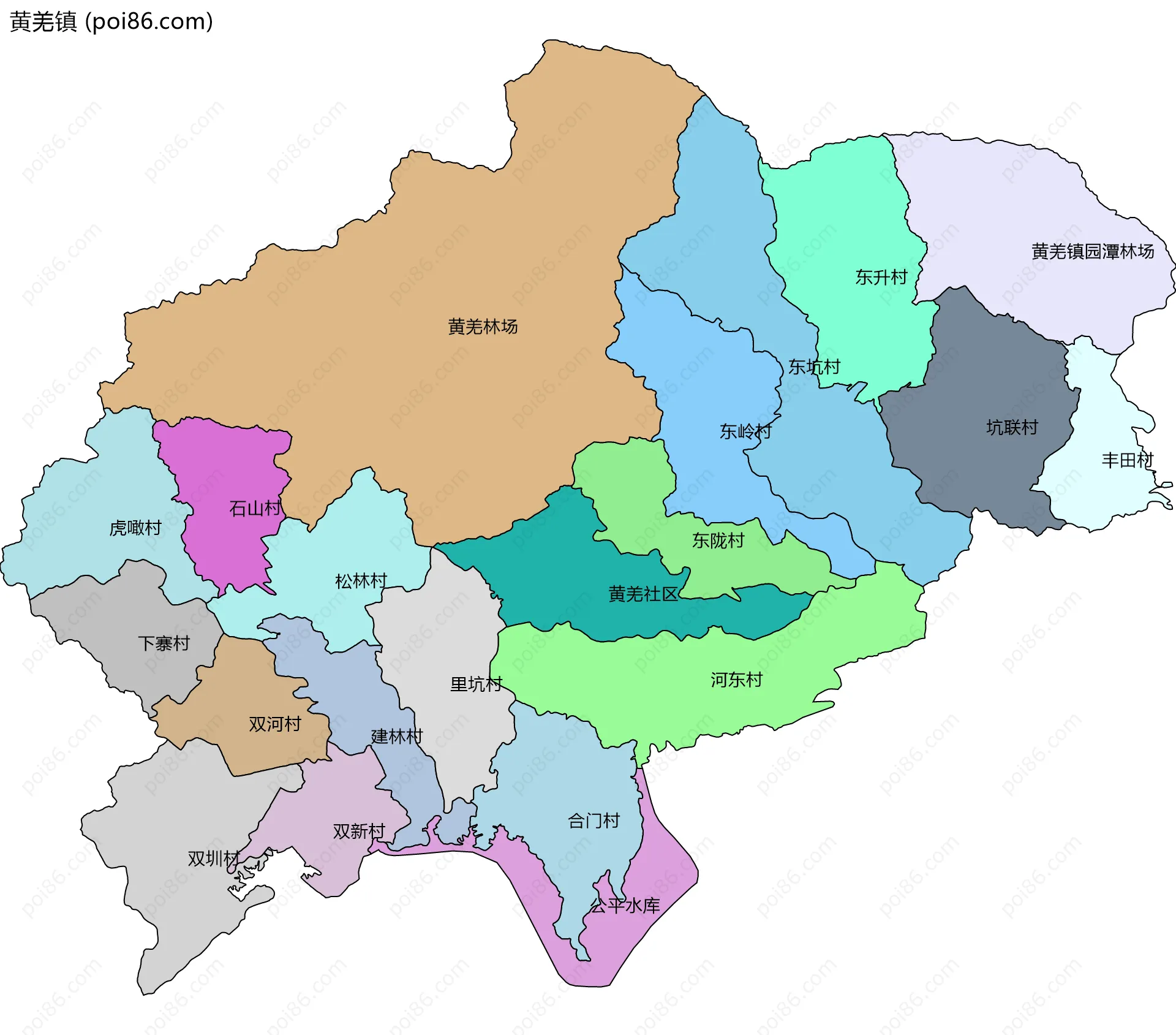 黄羌镇边界地图(五级行政区划)