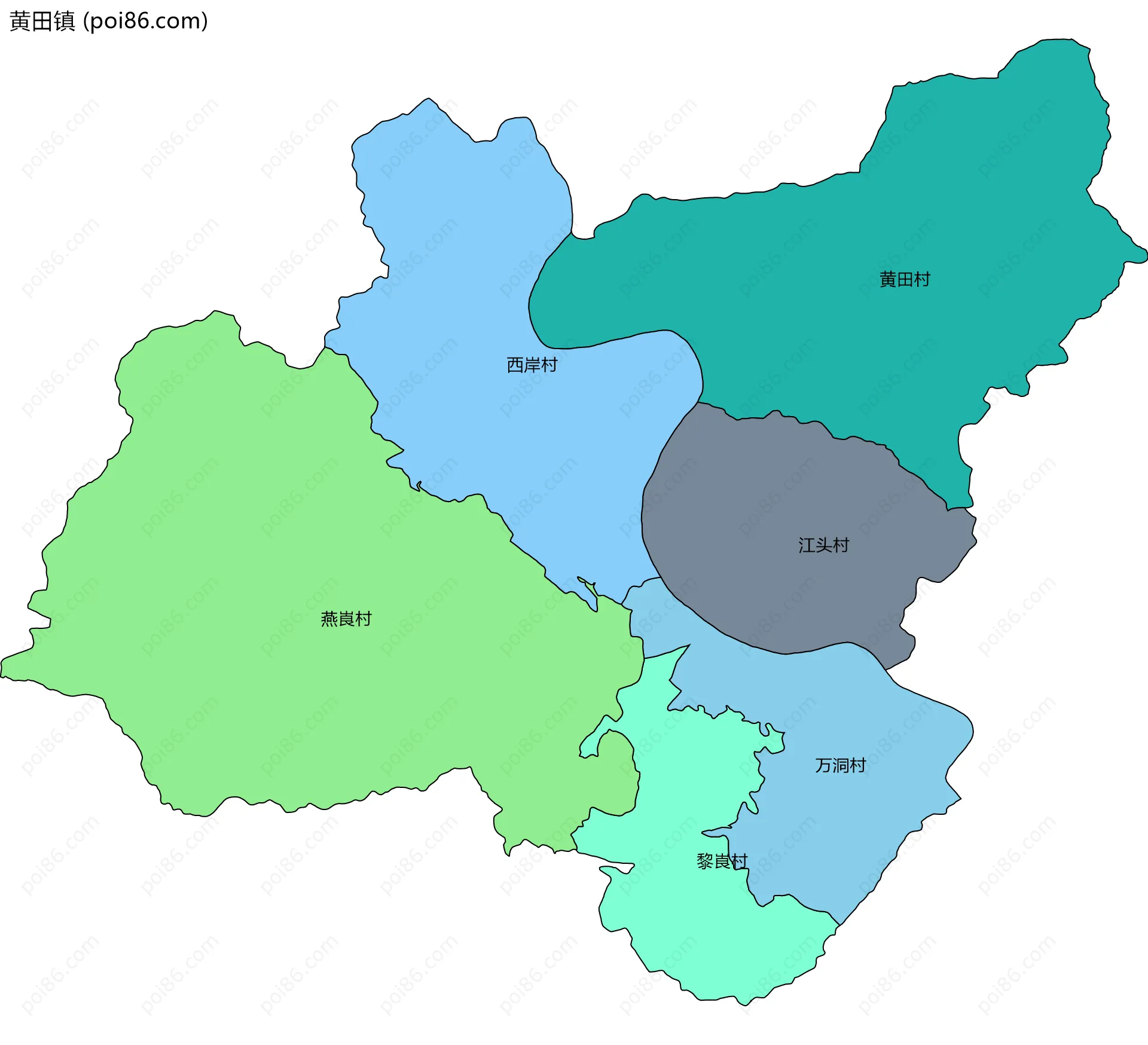 黄田镇边界地图(五级行政区划)