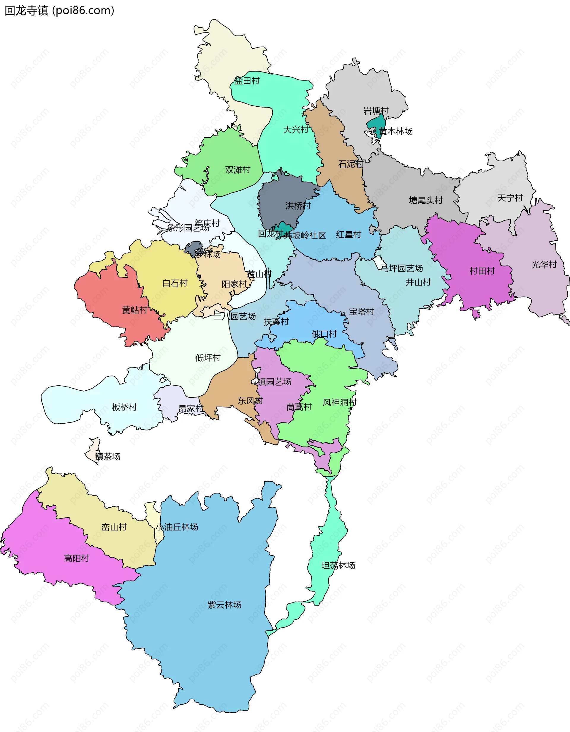 回龙寺镇边界地图(五级行政区划)