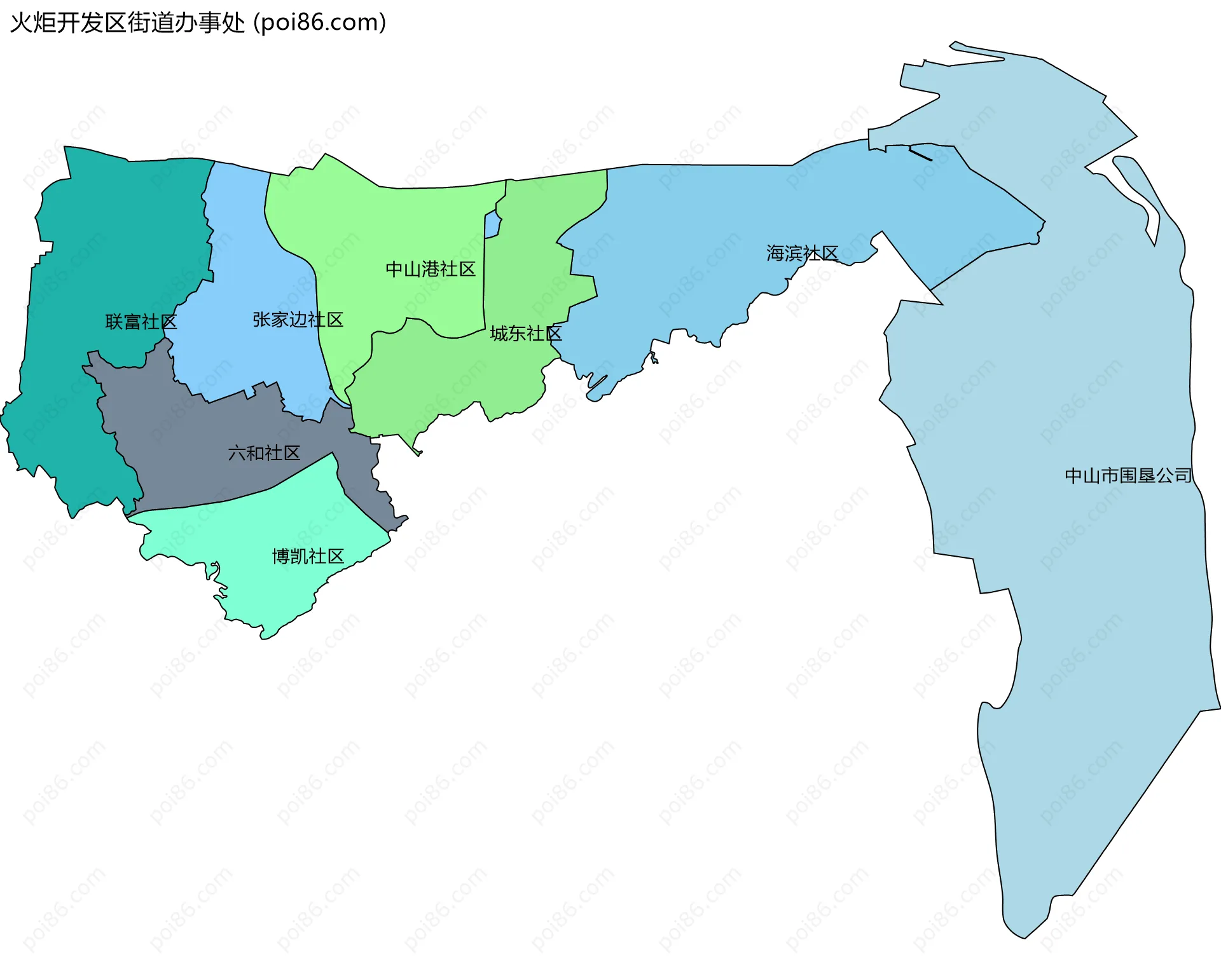 火炬开发区街道办事处边界地图(五级行政区划)