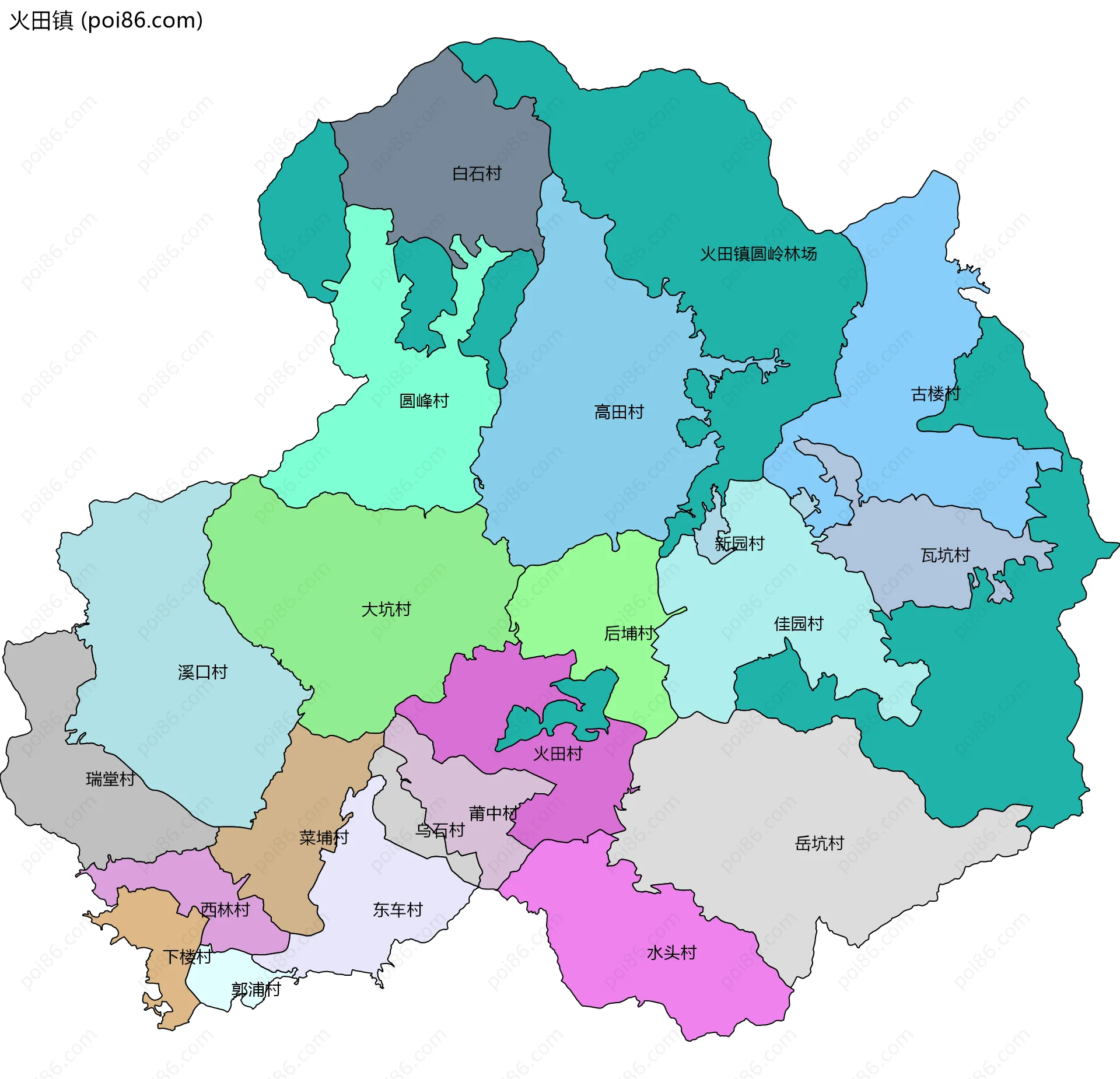 火田镇边界地图(五级行政区划)