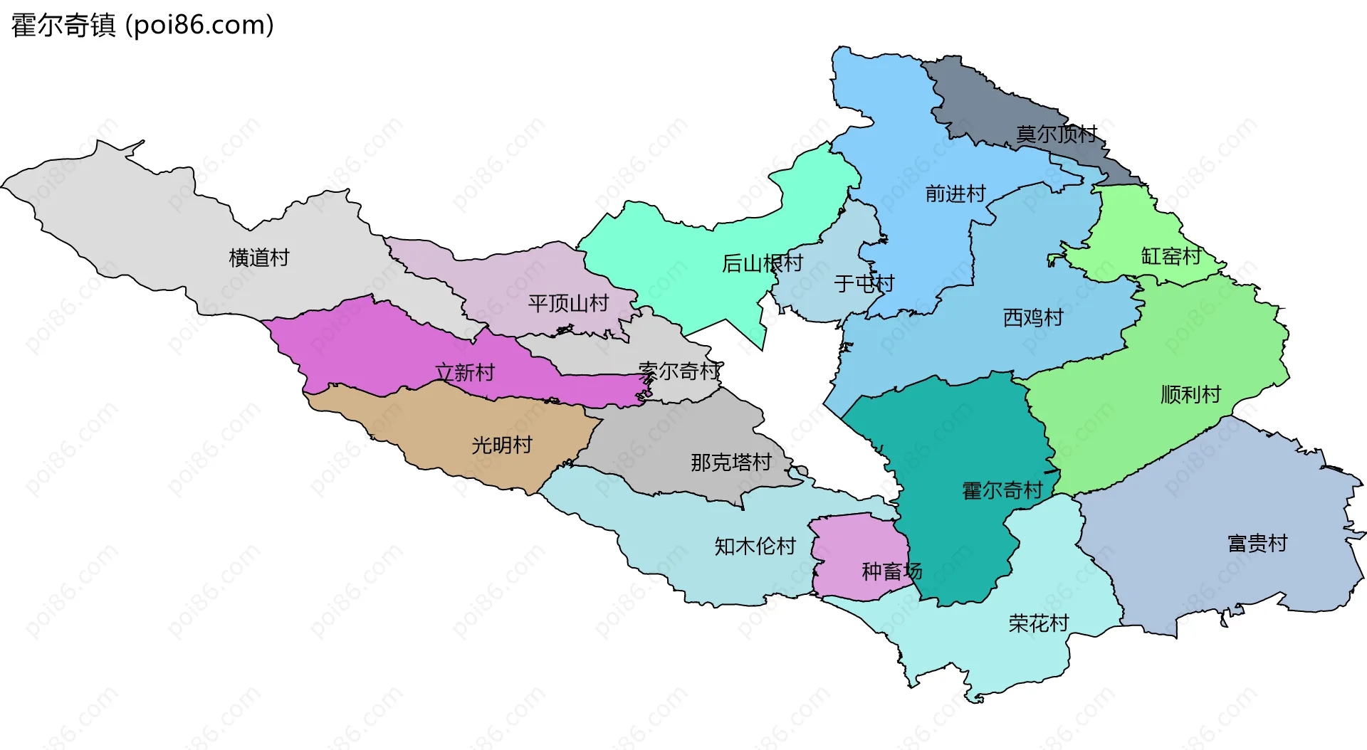 霍尔奇镇边界地图(五级行政区划)