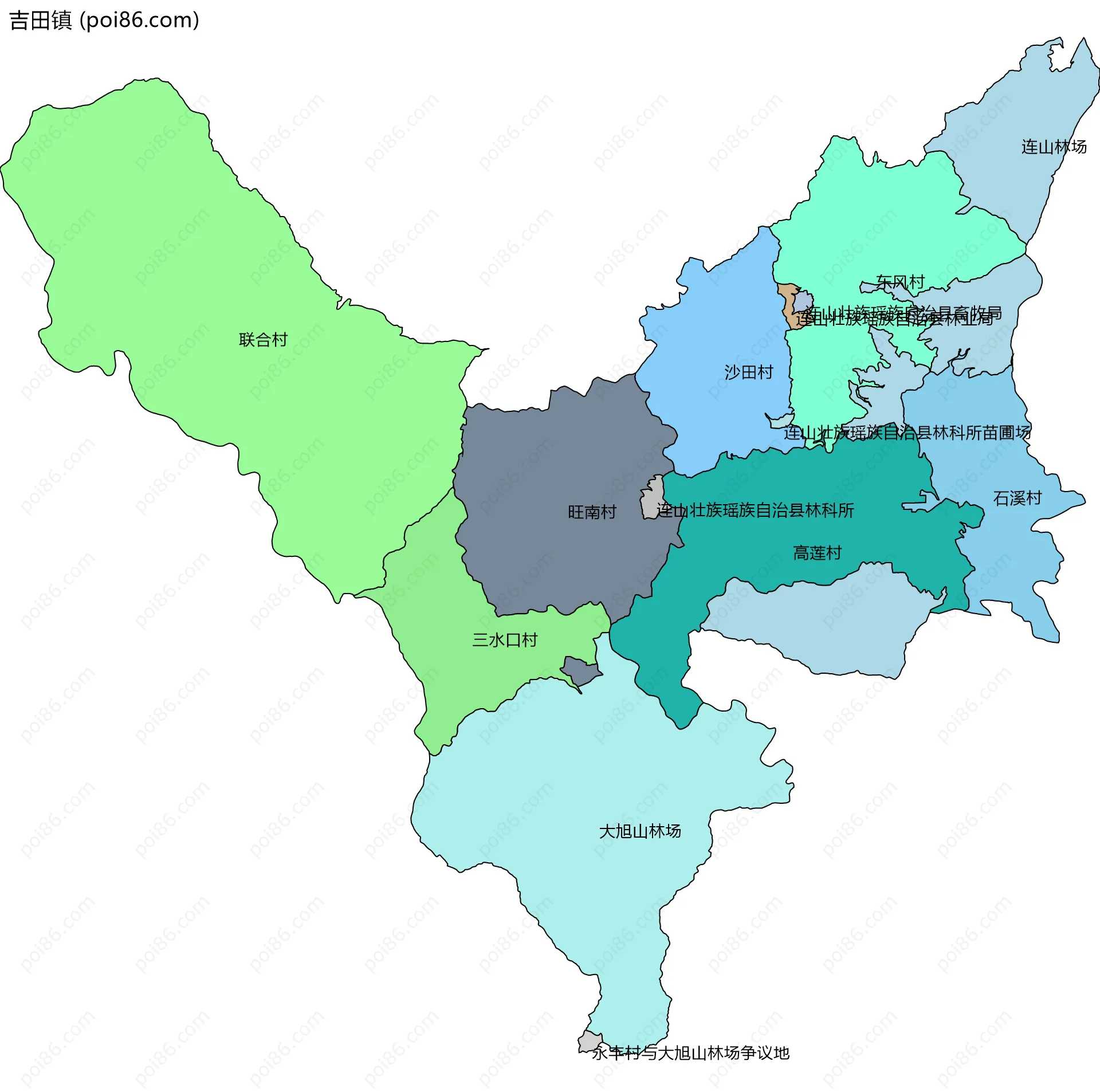 吉田镇边界地图(五级行政区划)