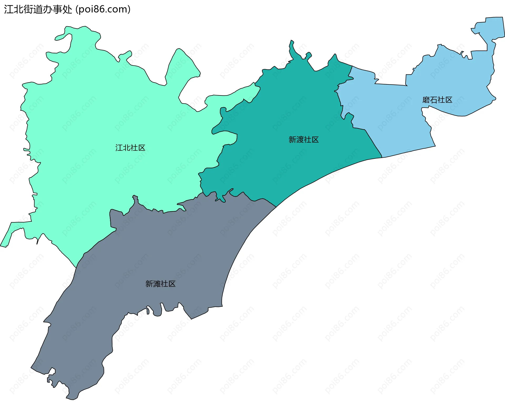 江北街道办事处边界地图(五级行政区划)