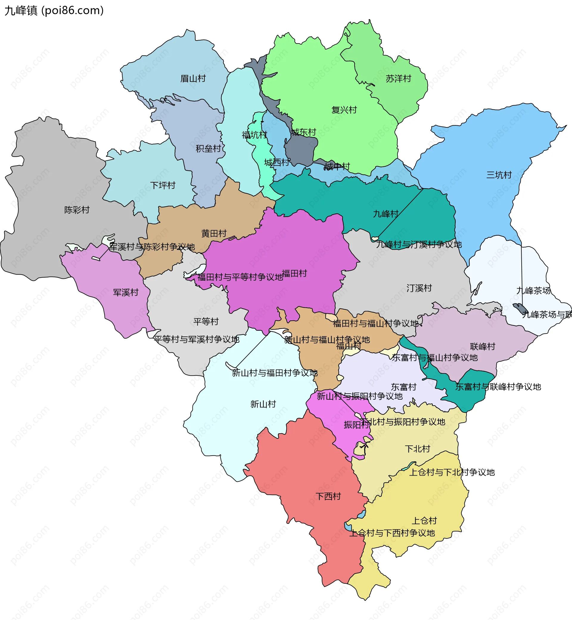 九峰镇边界地图(五级行政区划)