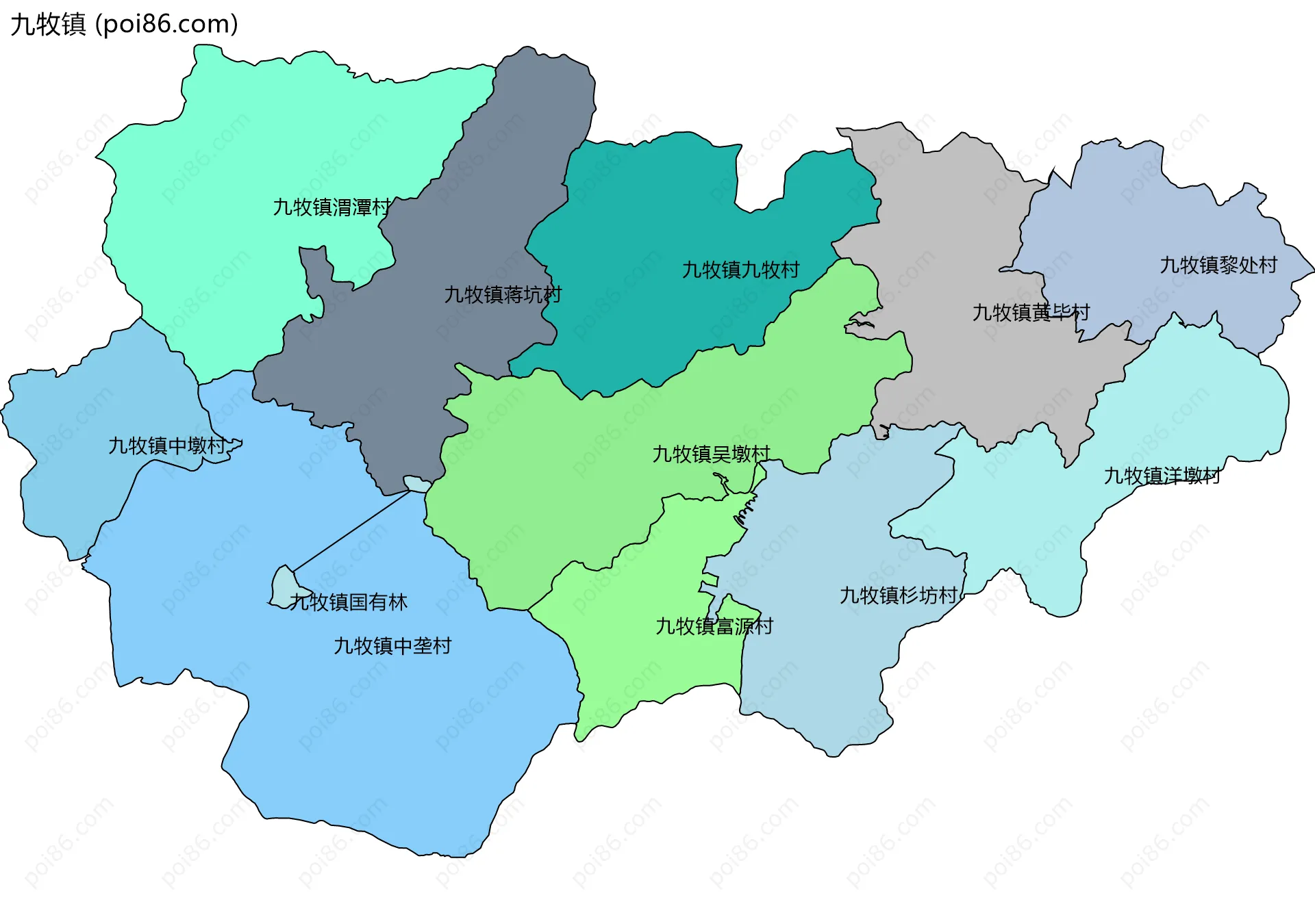 九牧镇边界地图(五级行政区划)