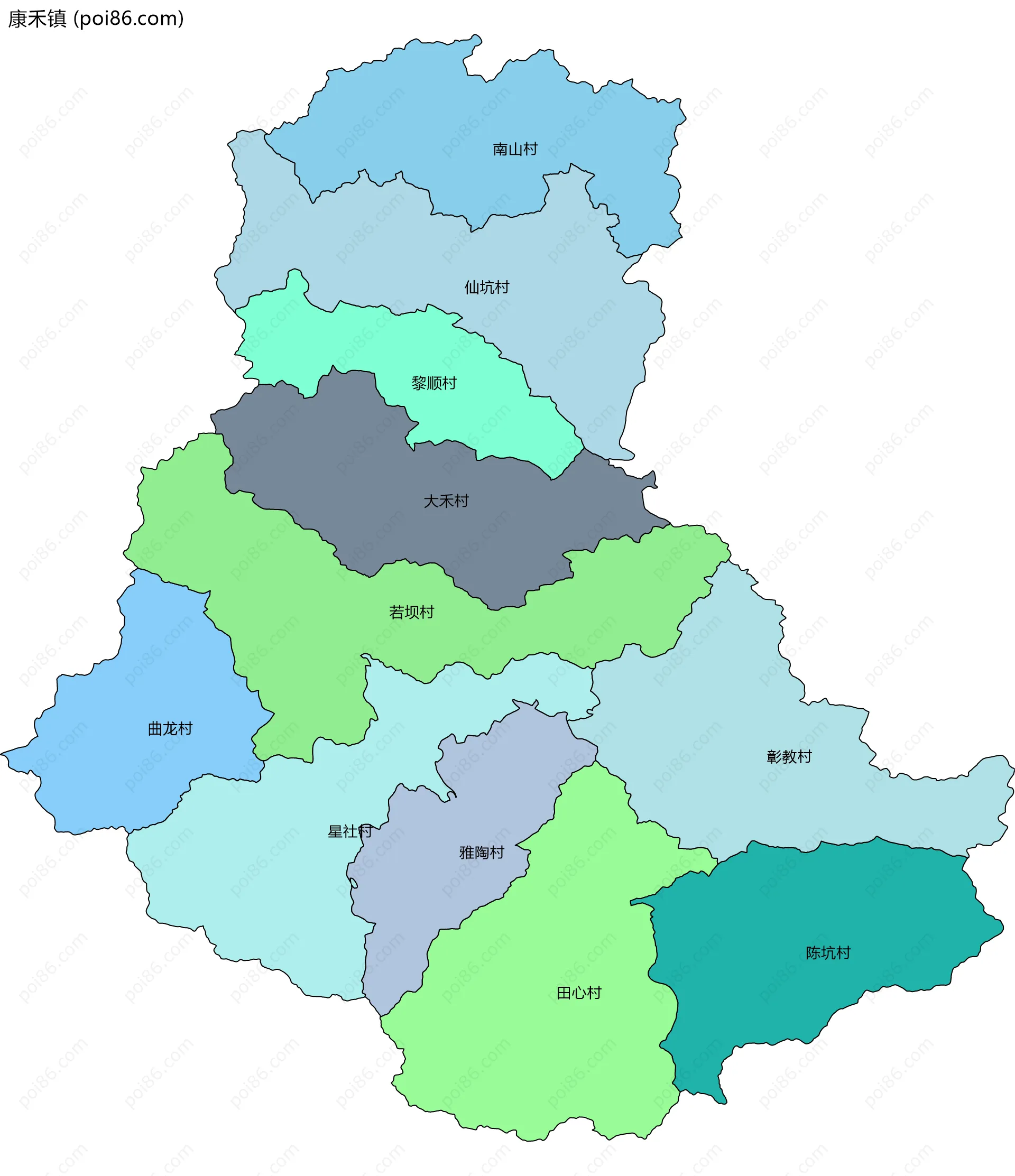 康禾镇边界地图(五级行政区划)