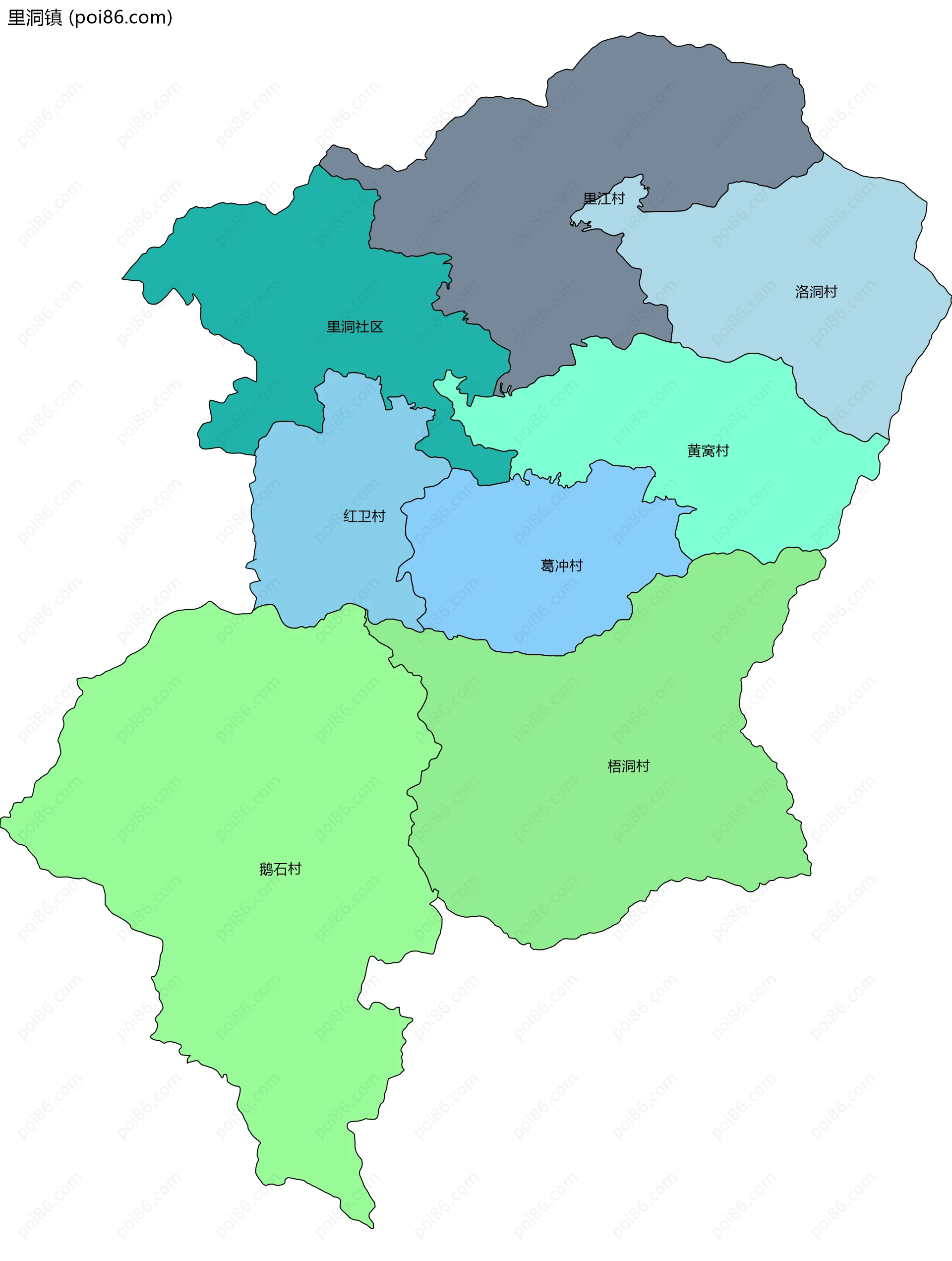 里洞镇边界地图(五级行政区划)
