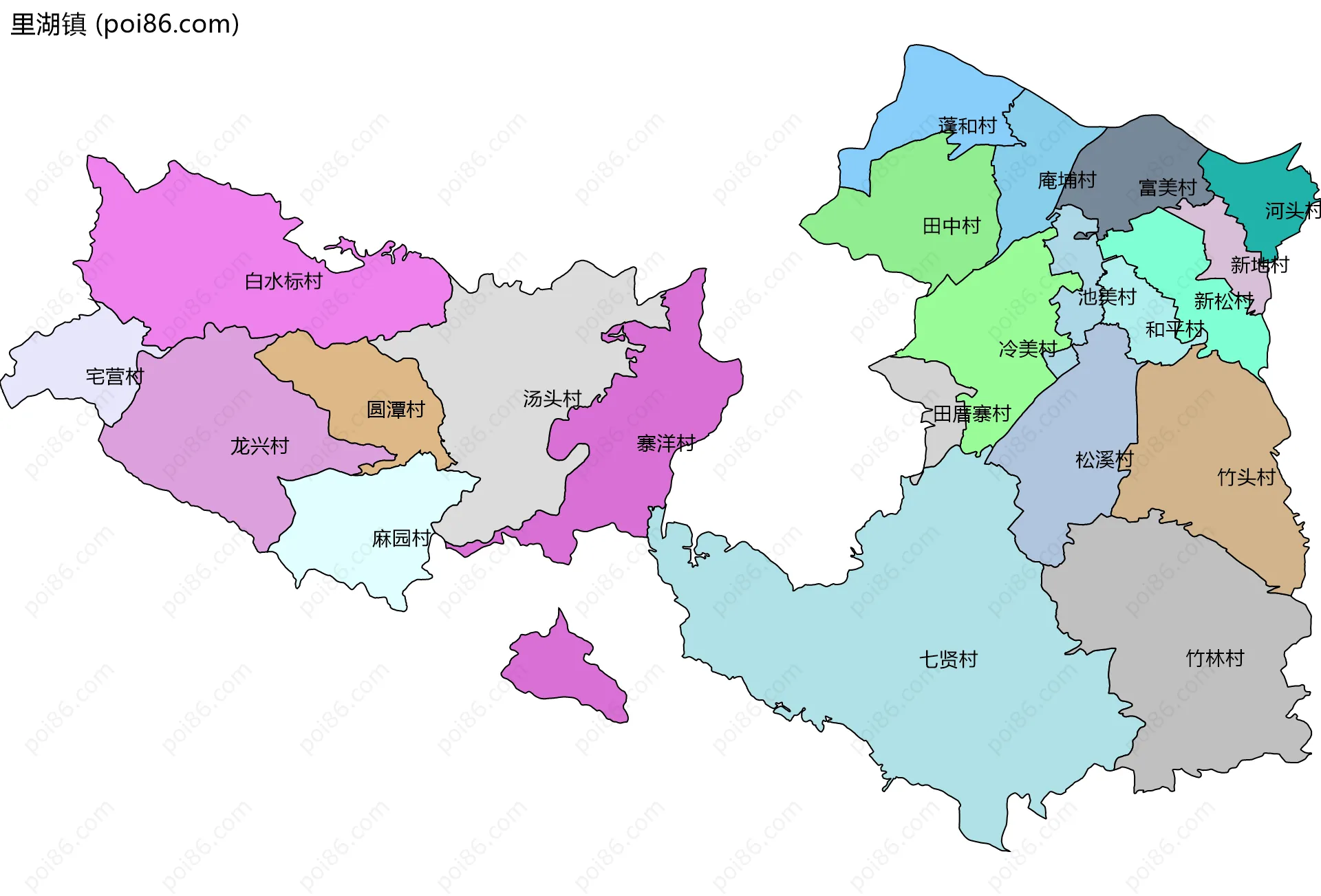 里湖镇边界地图(五级行政区划)