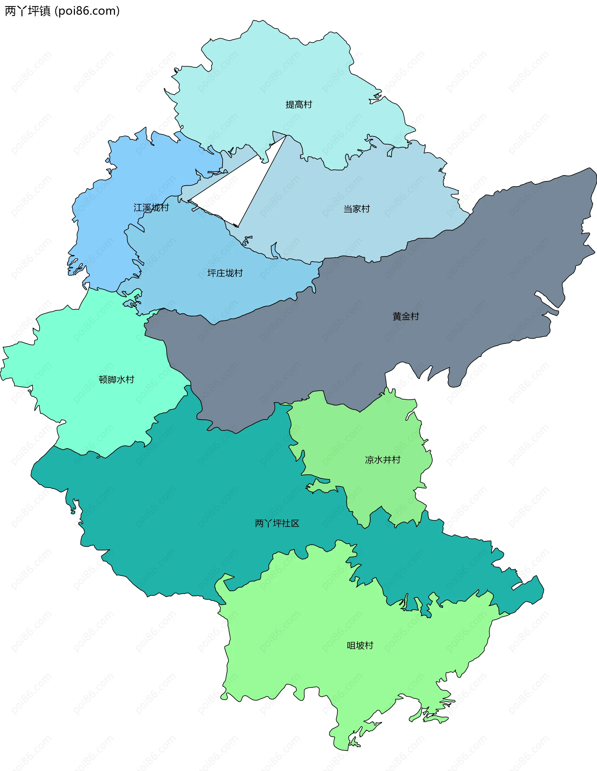 两丫坪镇边界地图(五级行政区划)