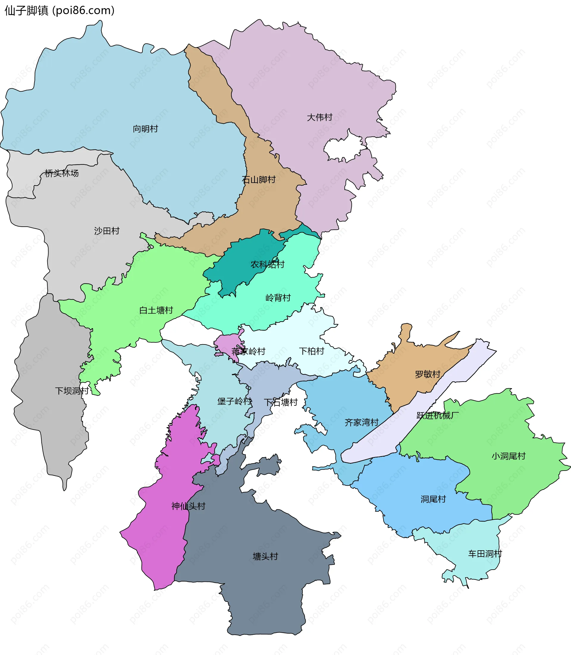 仙子脚镇边界地图(五级行政区划)