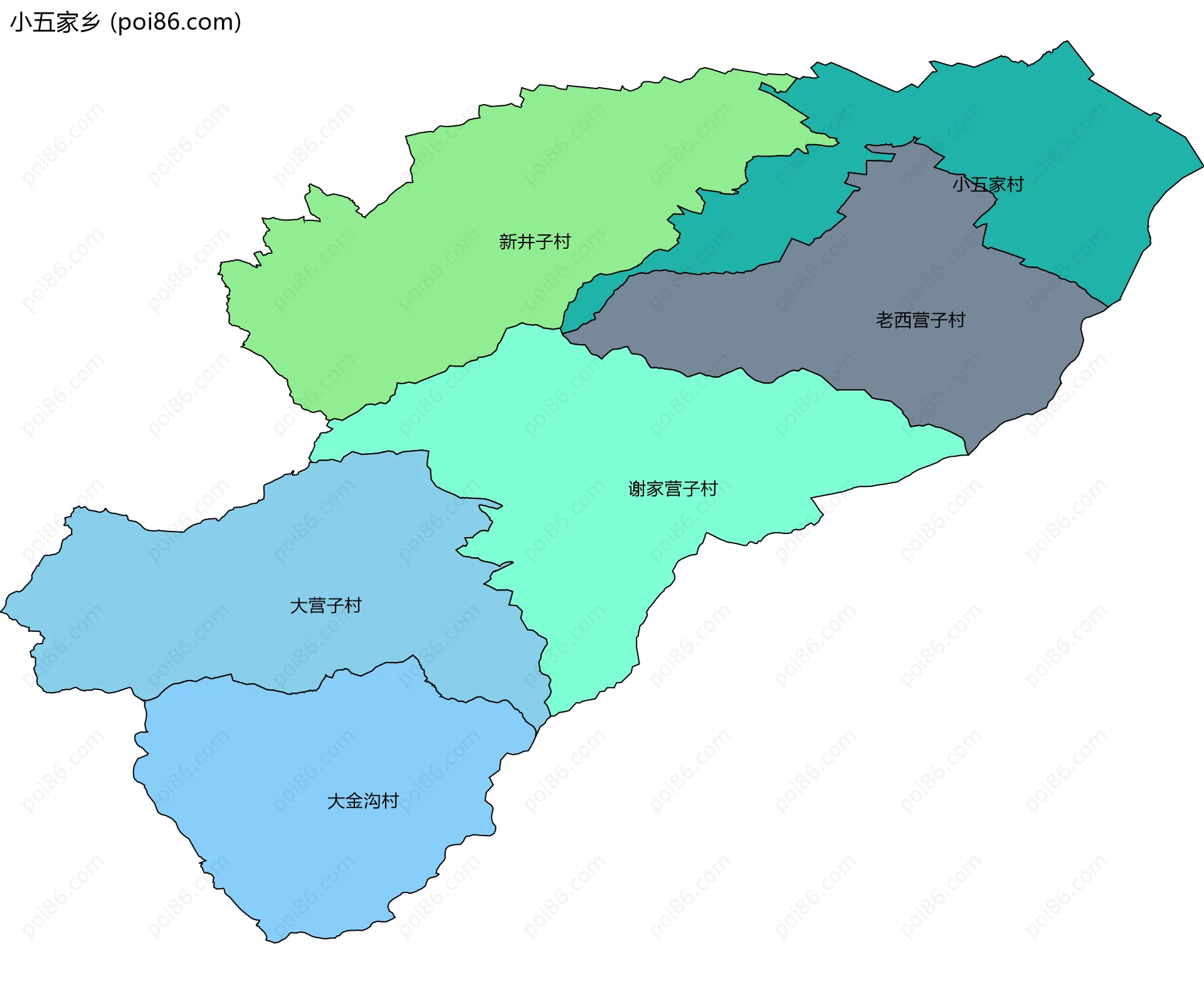小五家乡边界地图(五级行政区划)