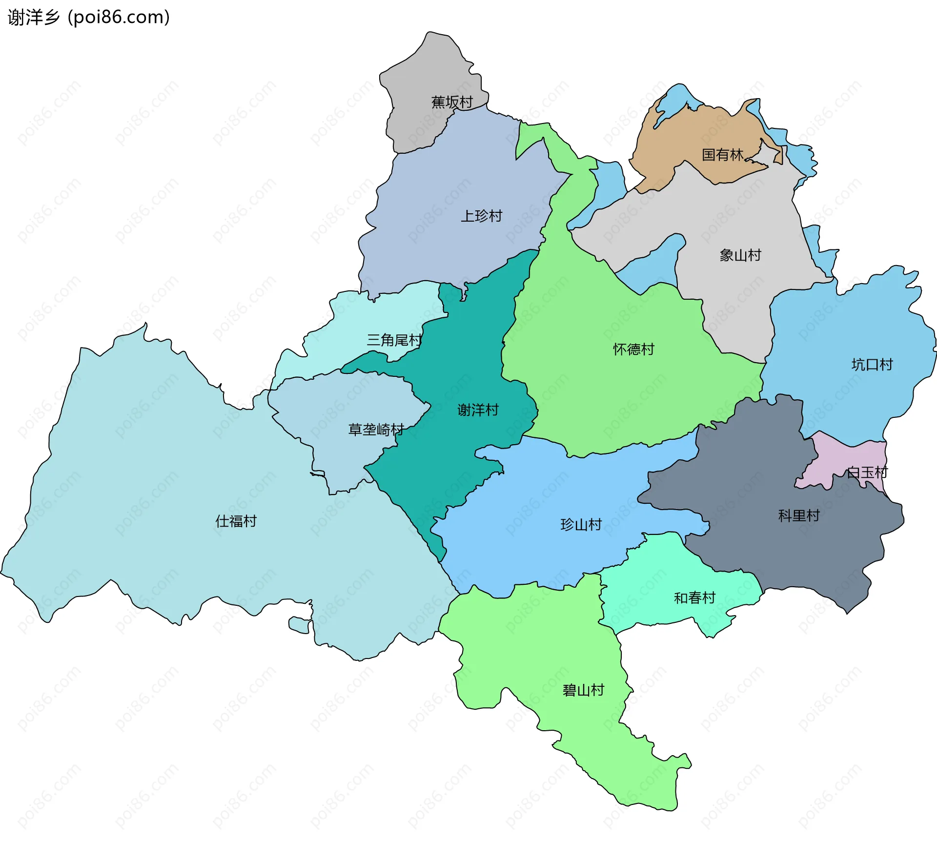 谢洋乡边界地图(五级行政区划)