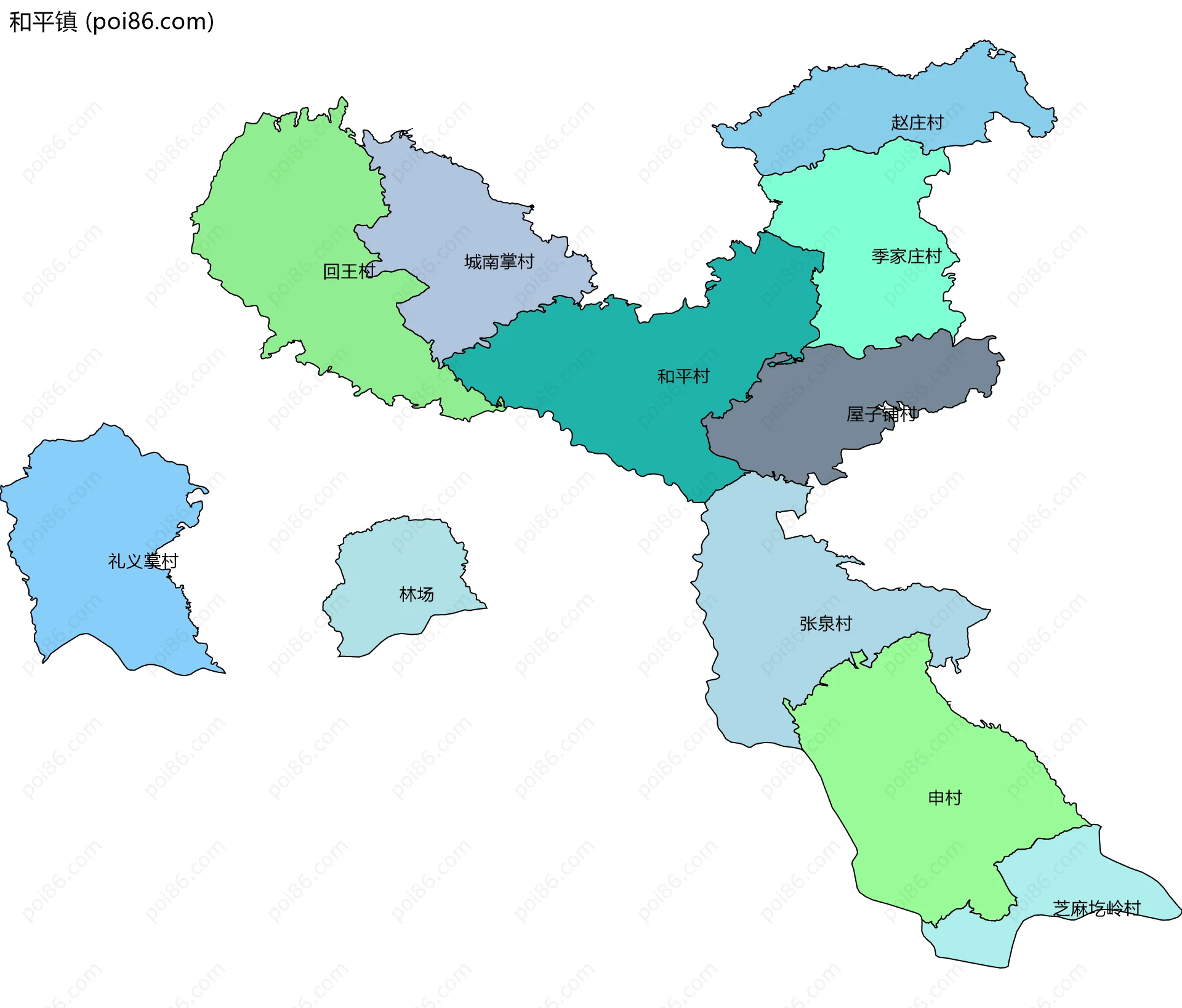 和平镇边界地图(五级行政区划)