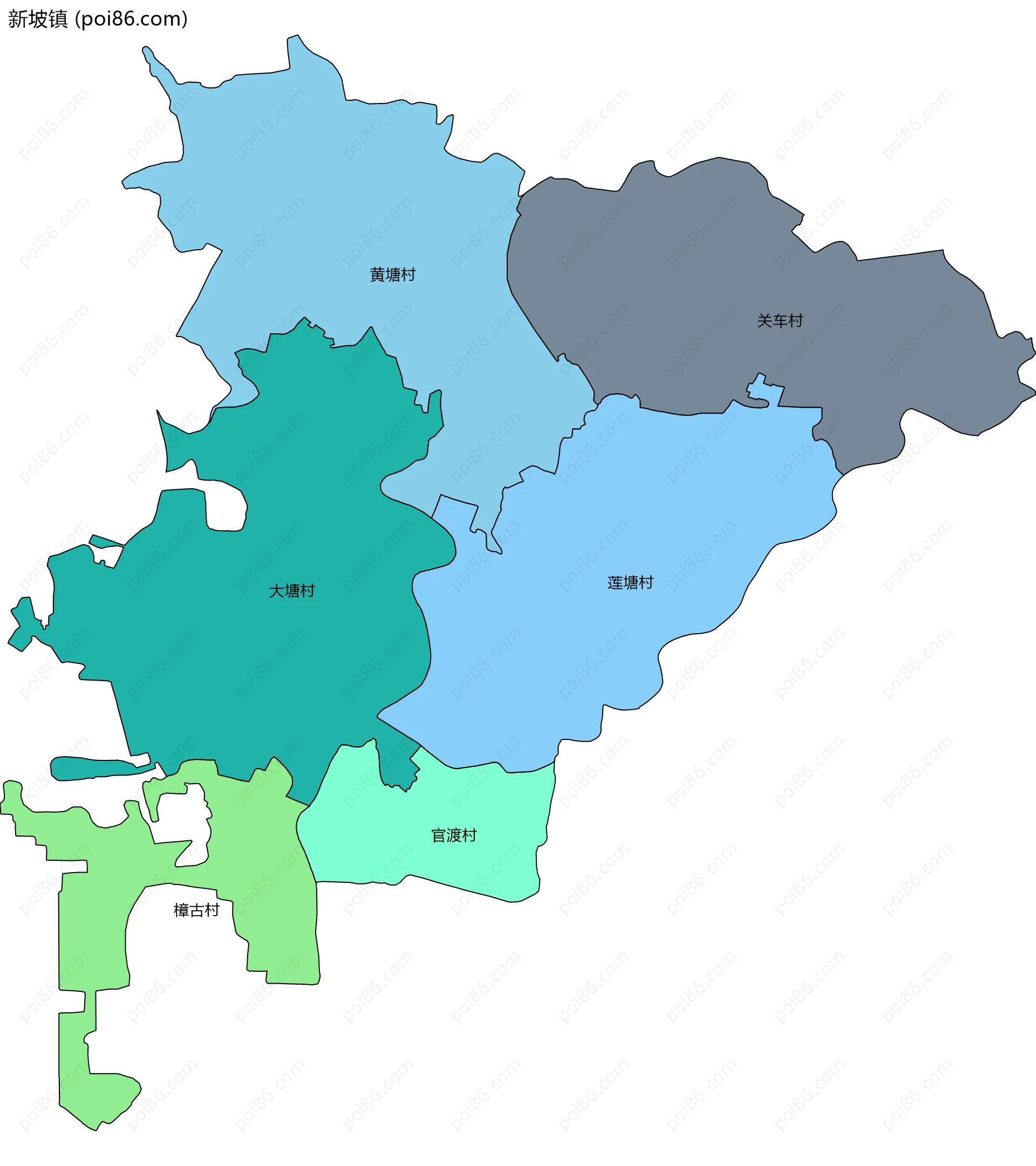 新坡镇边界地图(五级行政区划)