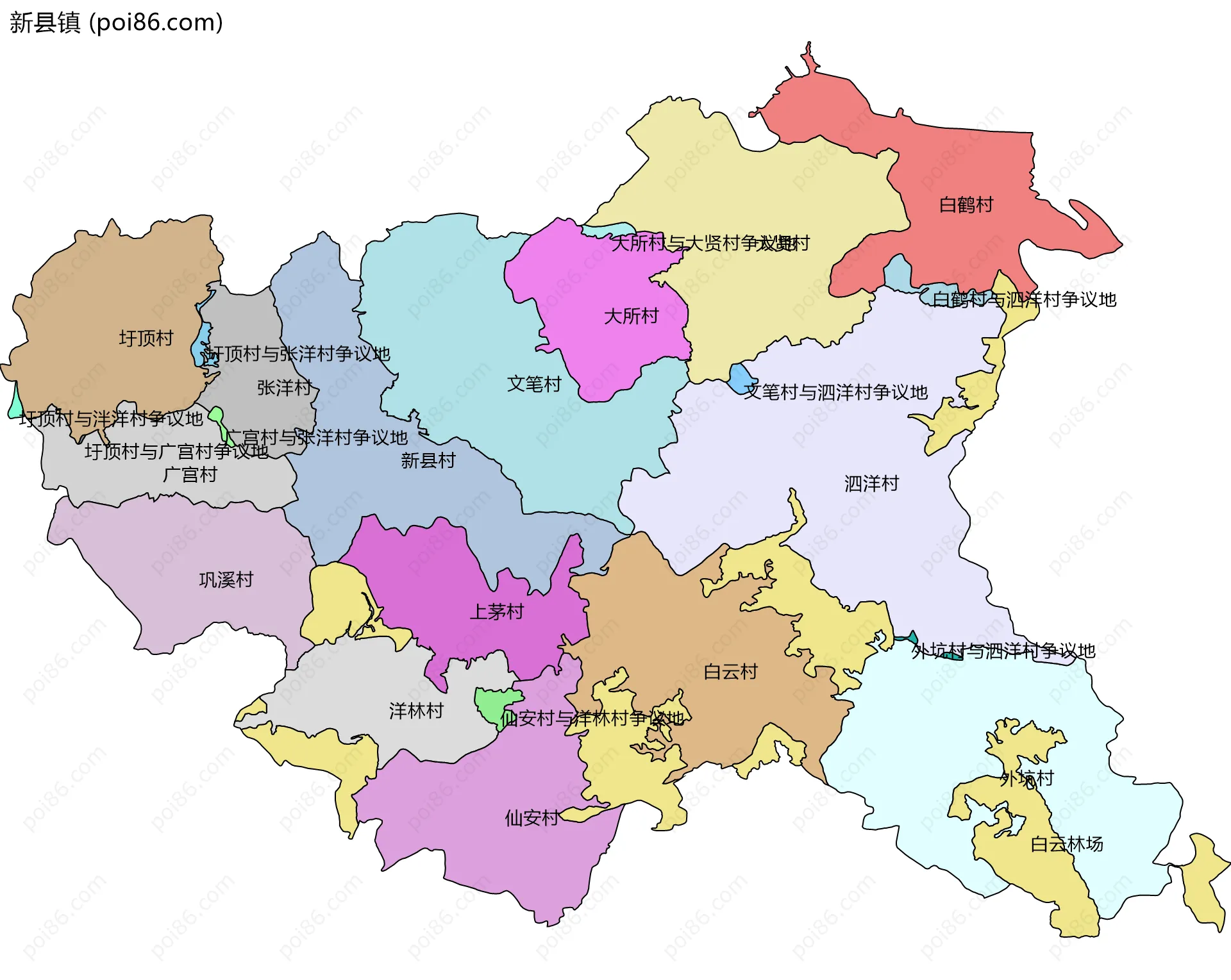 新县镇边界地图(五级行政区划)