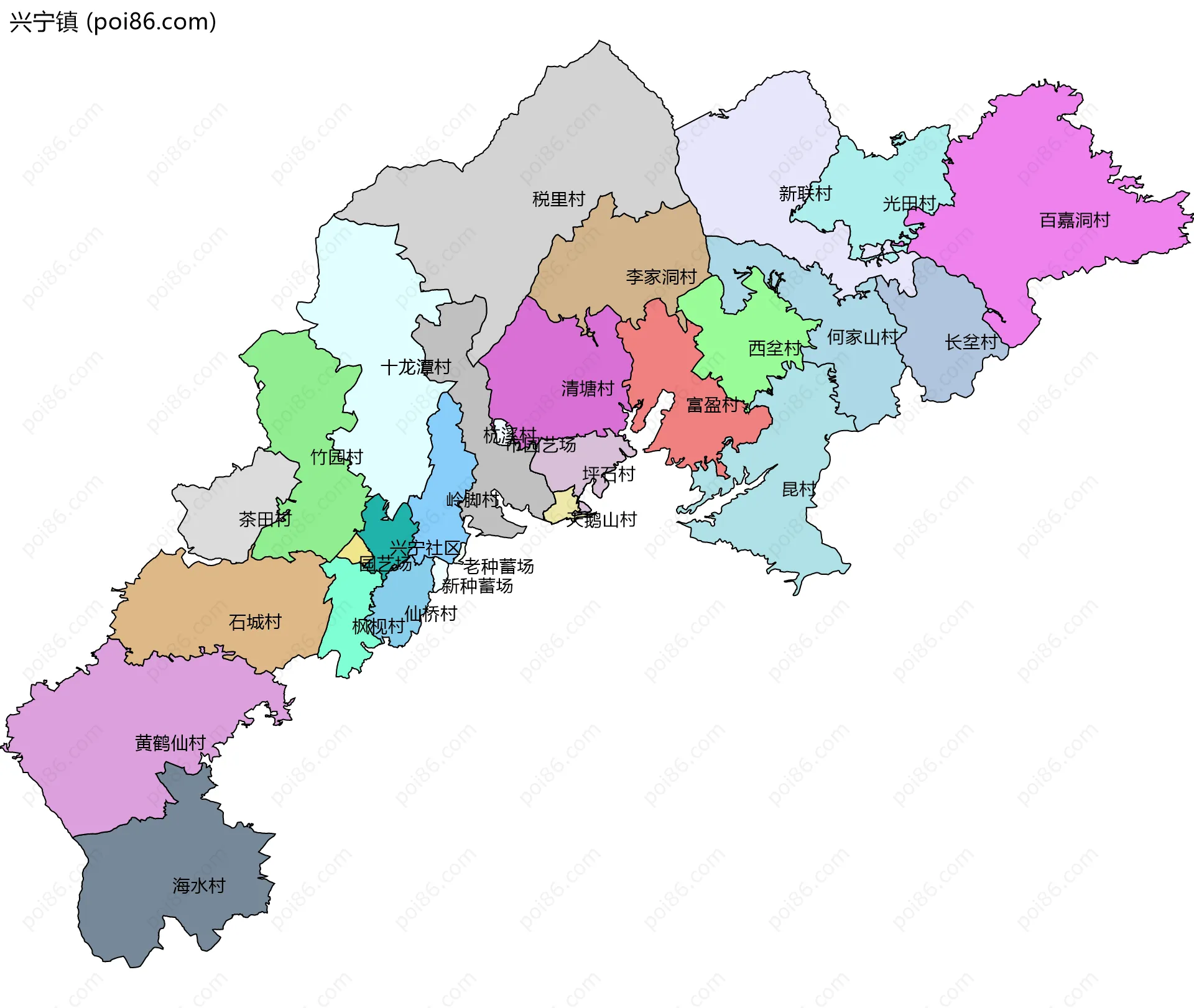 兴宁镇边界地图(五级行政区划)