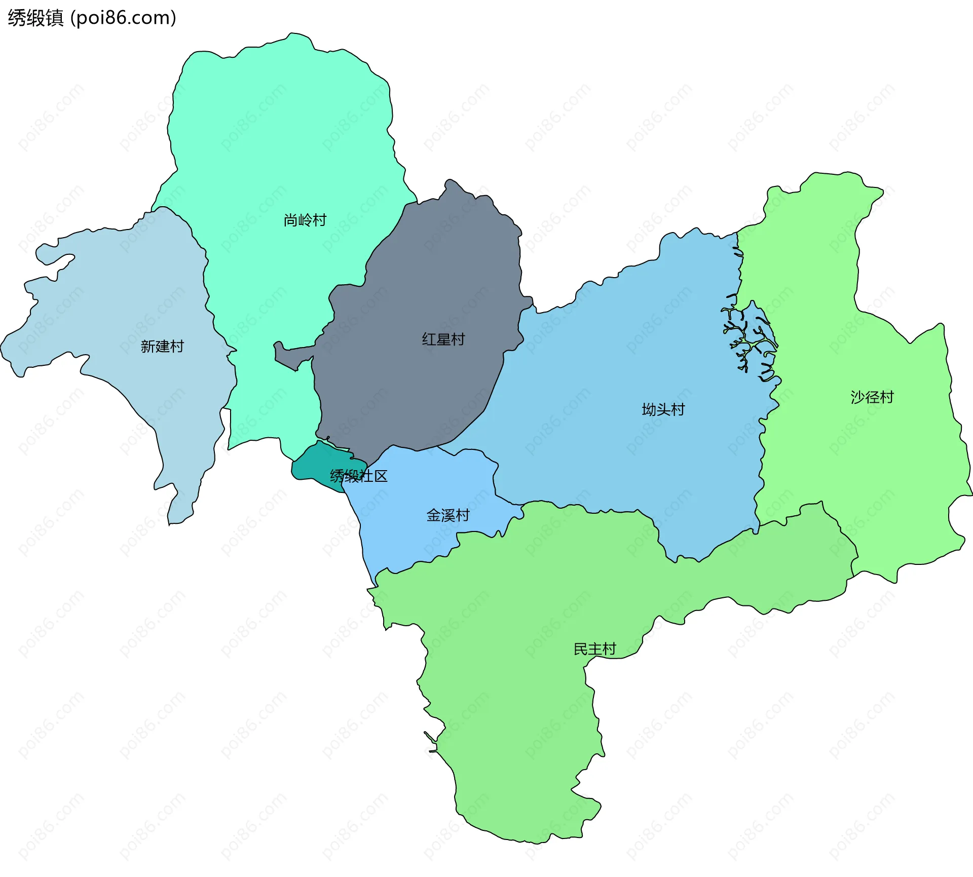 绣缎镇边界地图(五级行政区划)
