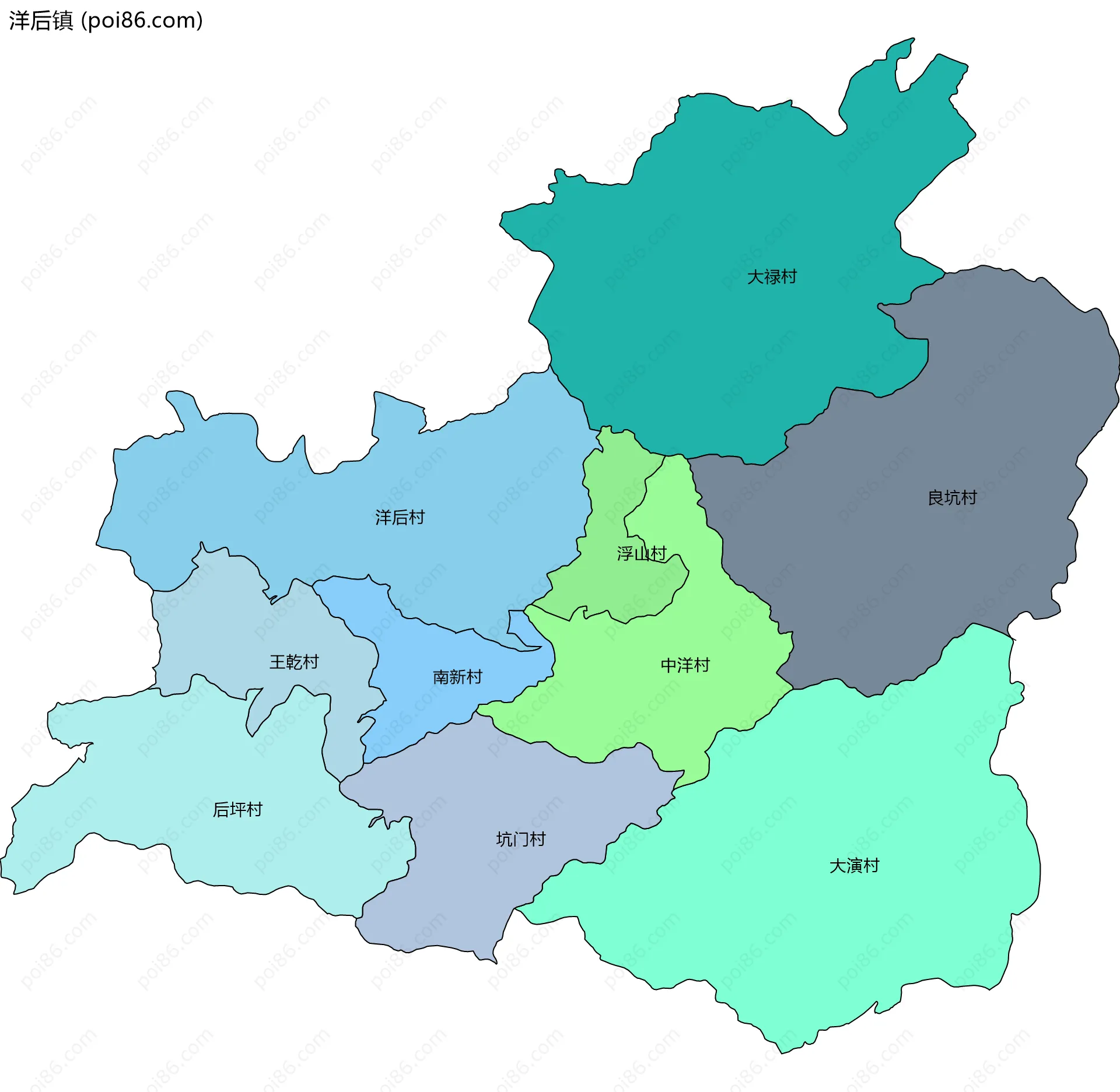 洋后镇边界地图(五级行政区划)