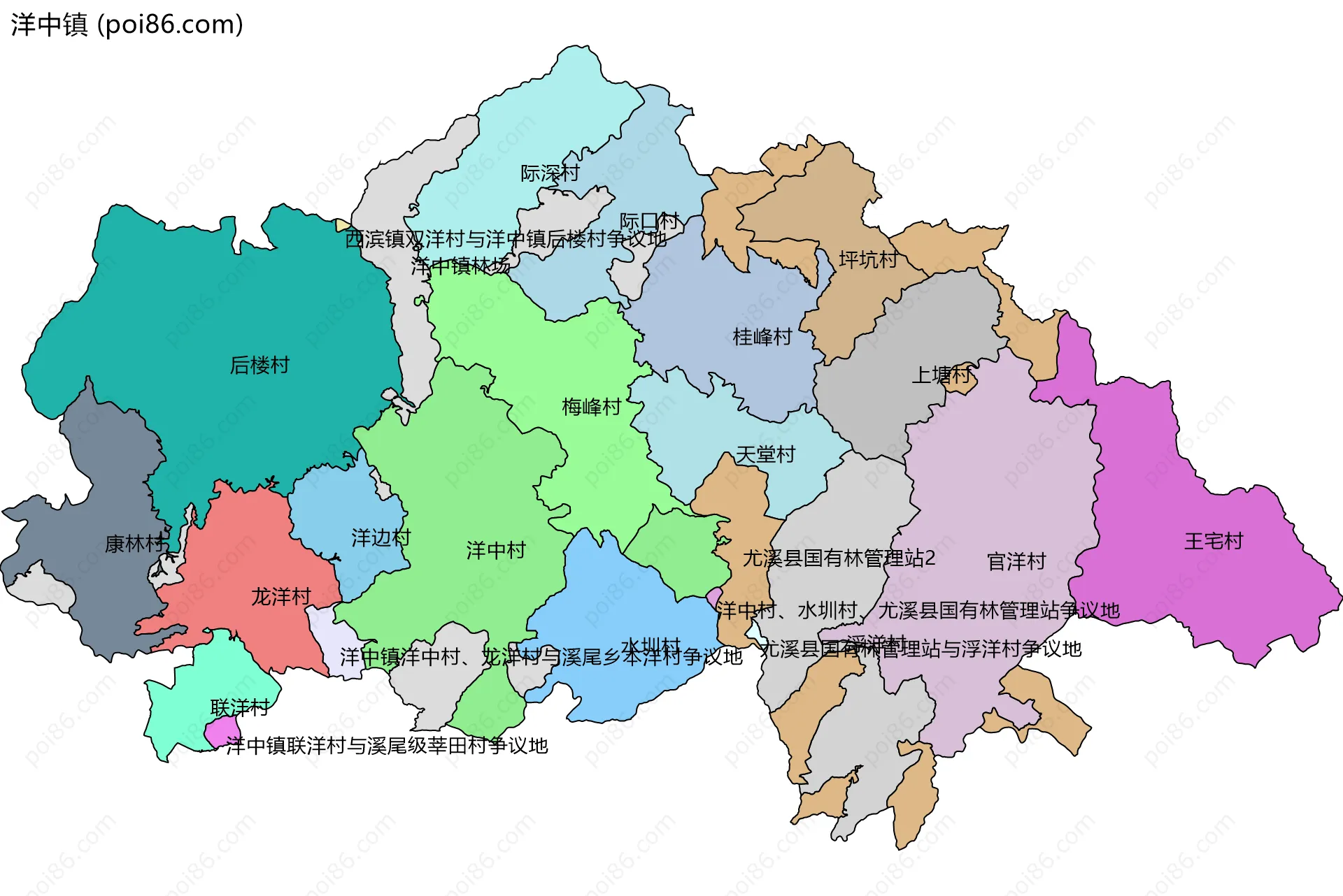 洋中镇边界地图(五级行政区划)