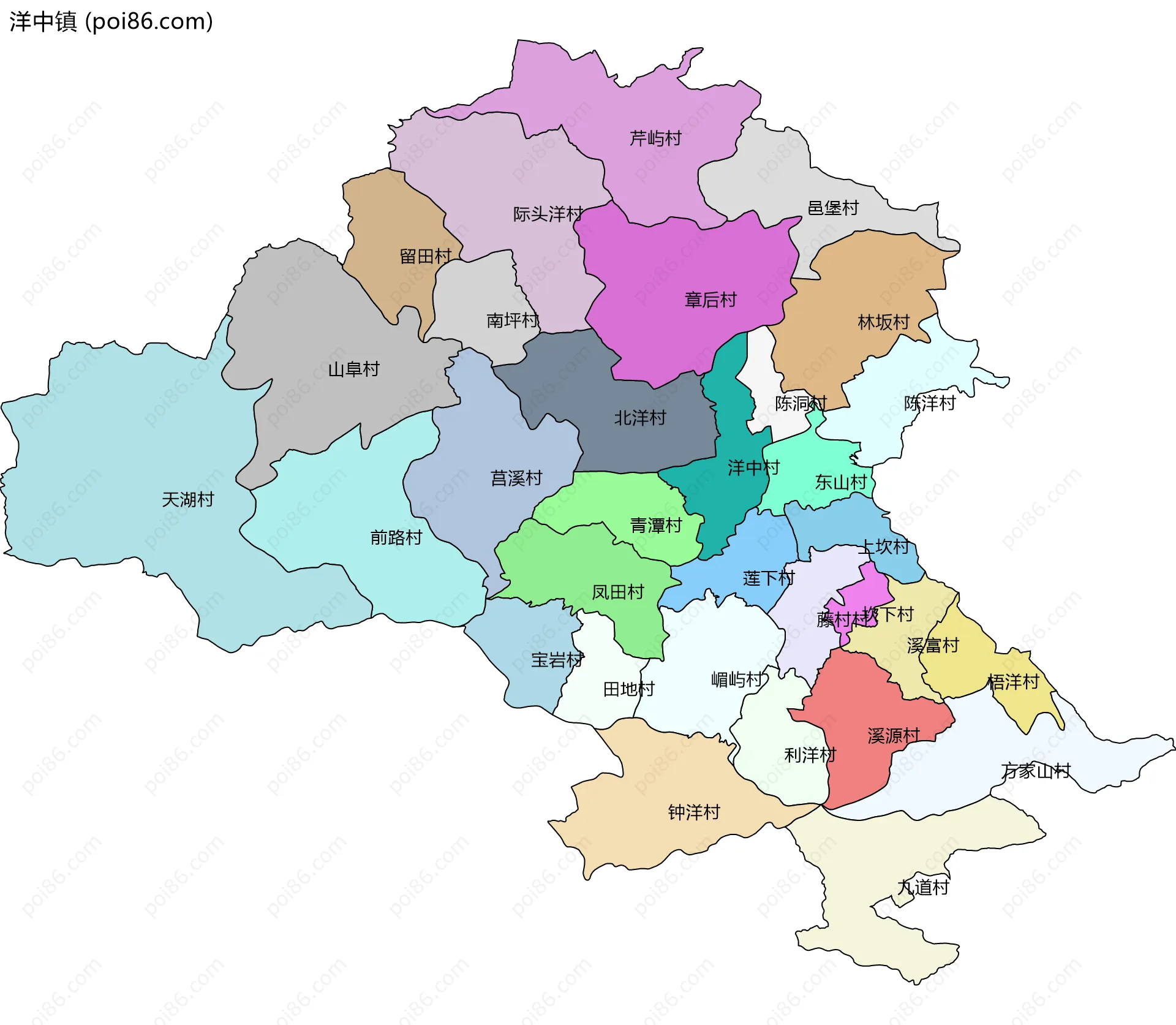 洋中镇边界地图(五级行政区划)