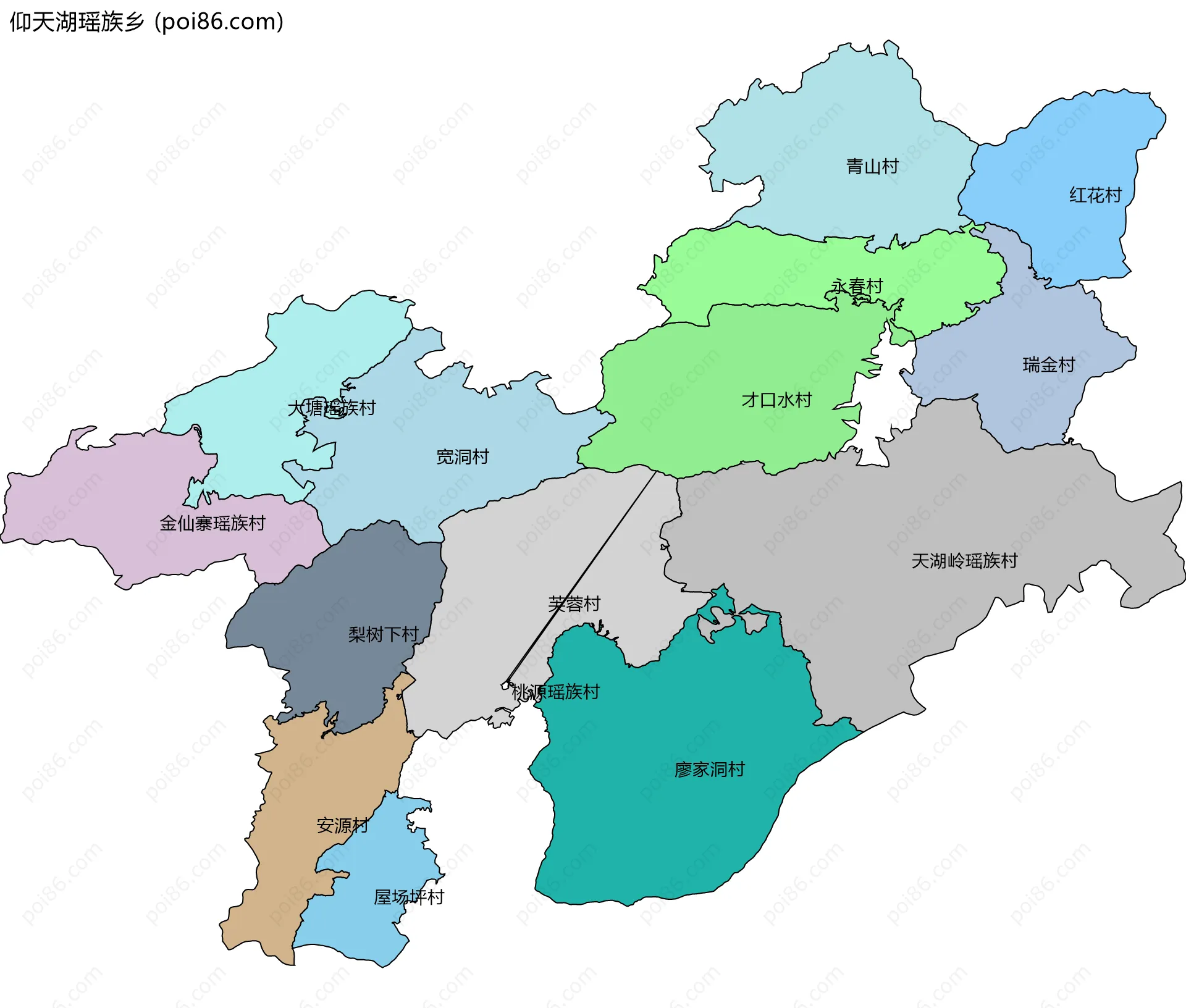 仰天湖瑶族乡边界地图(五级行政区划)