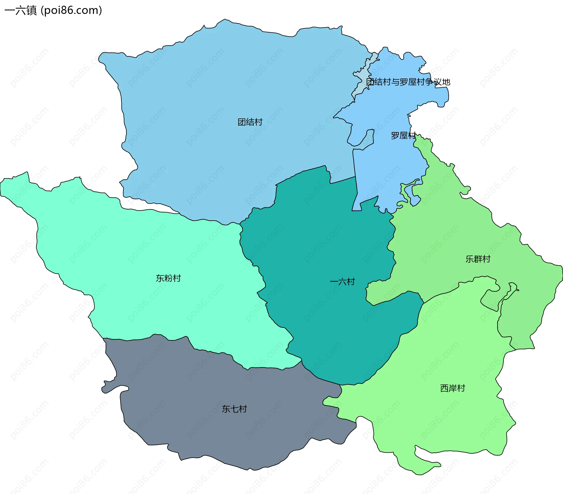 一六镇边界地图(五级行政区划)