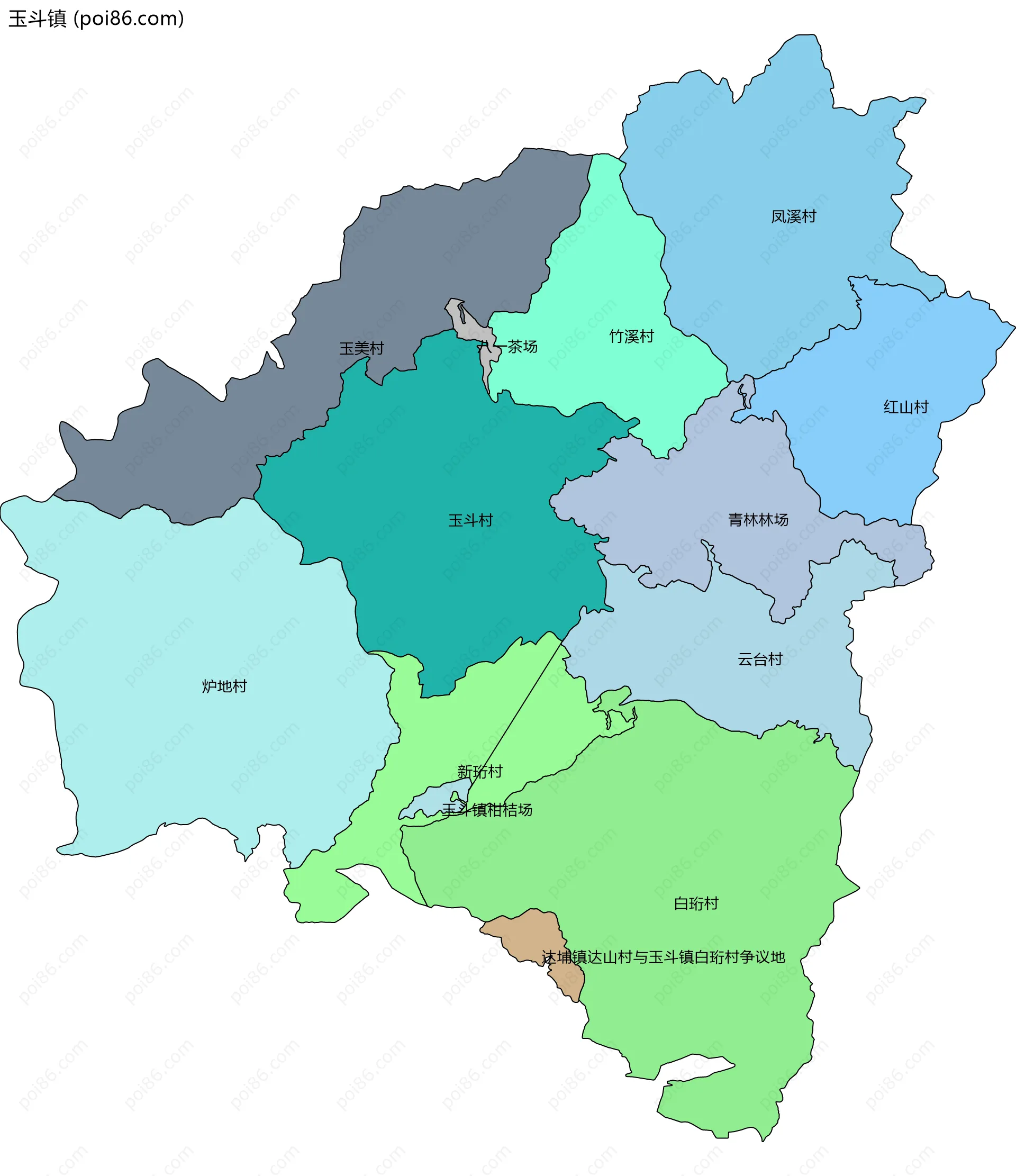 玉斗镇边界地图(五级行政区划)