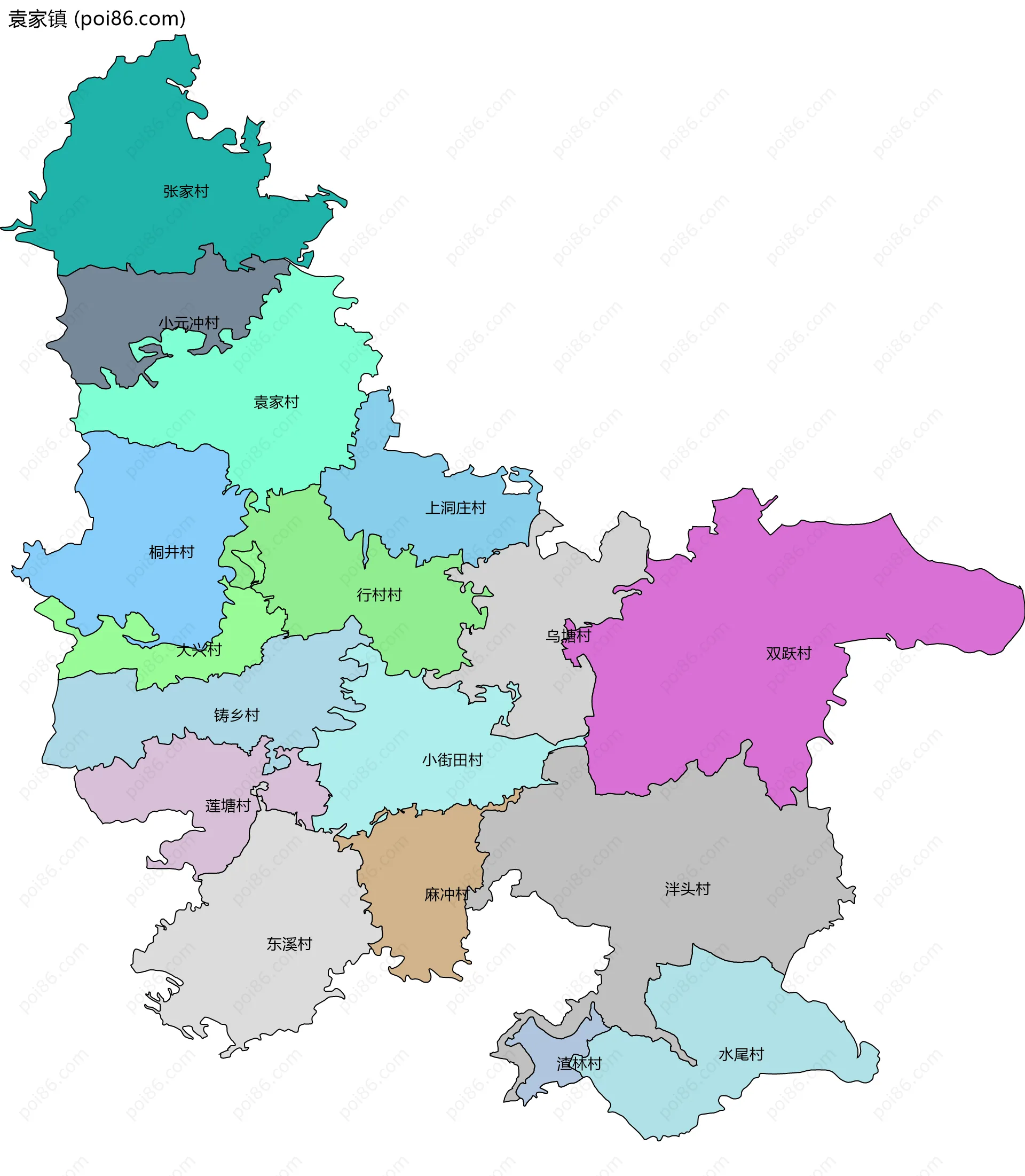 袁家镇边界地图(五级行政区划)