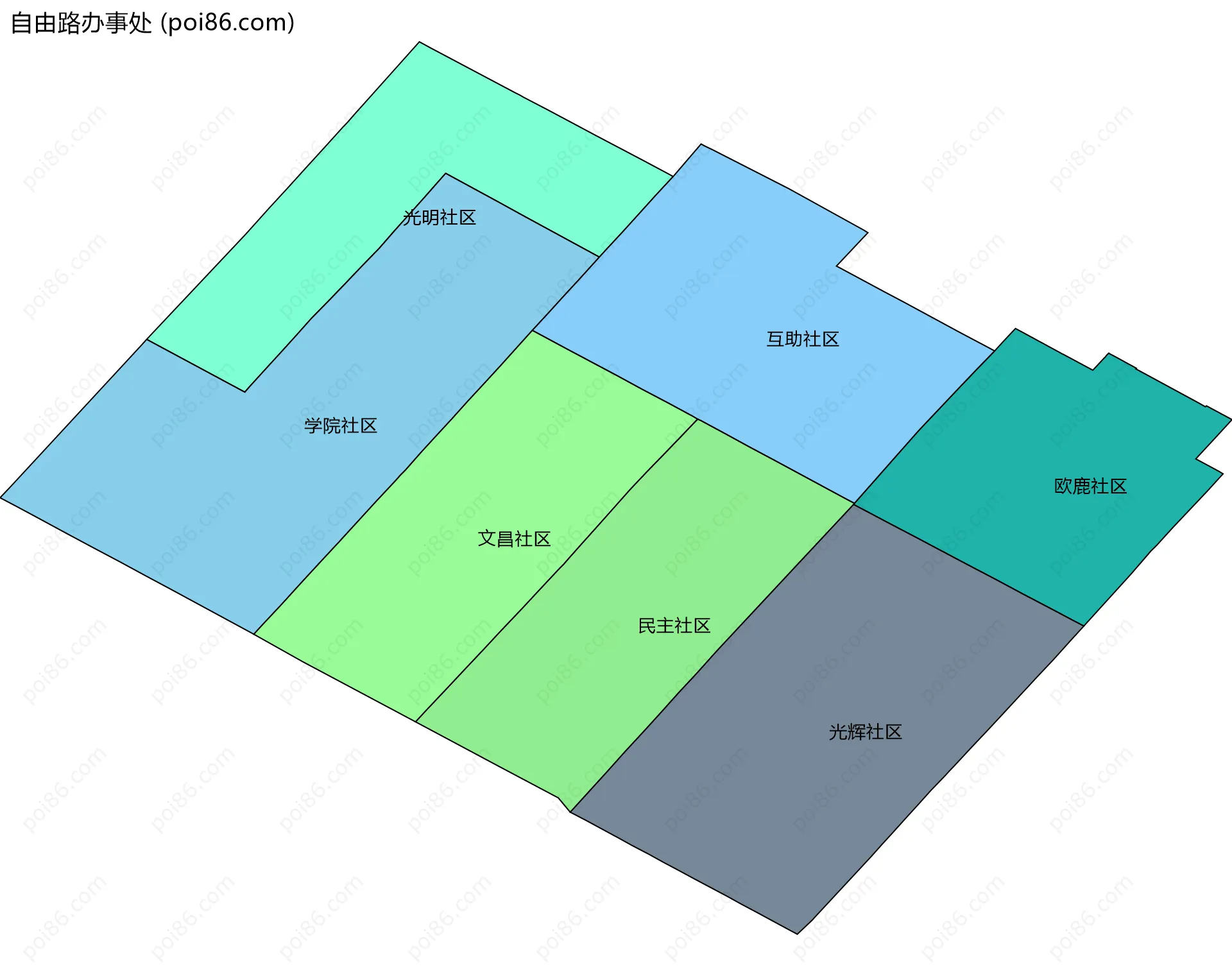 自由路办事处边界地图(五级行政区划)