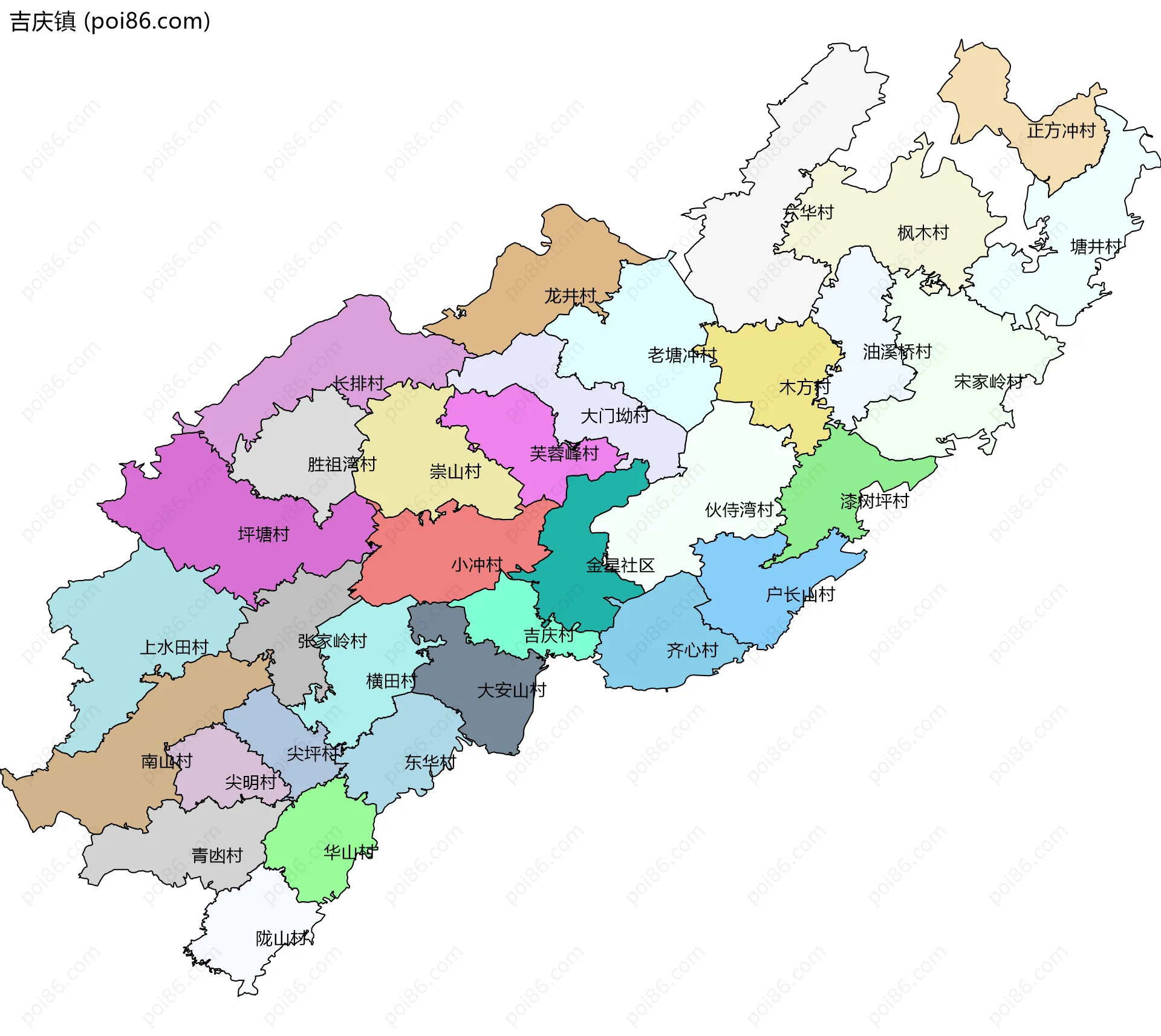 吉庆镇边界地图(五级行政区划)