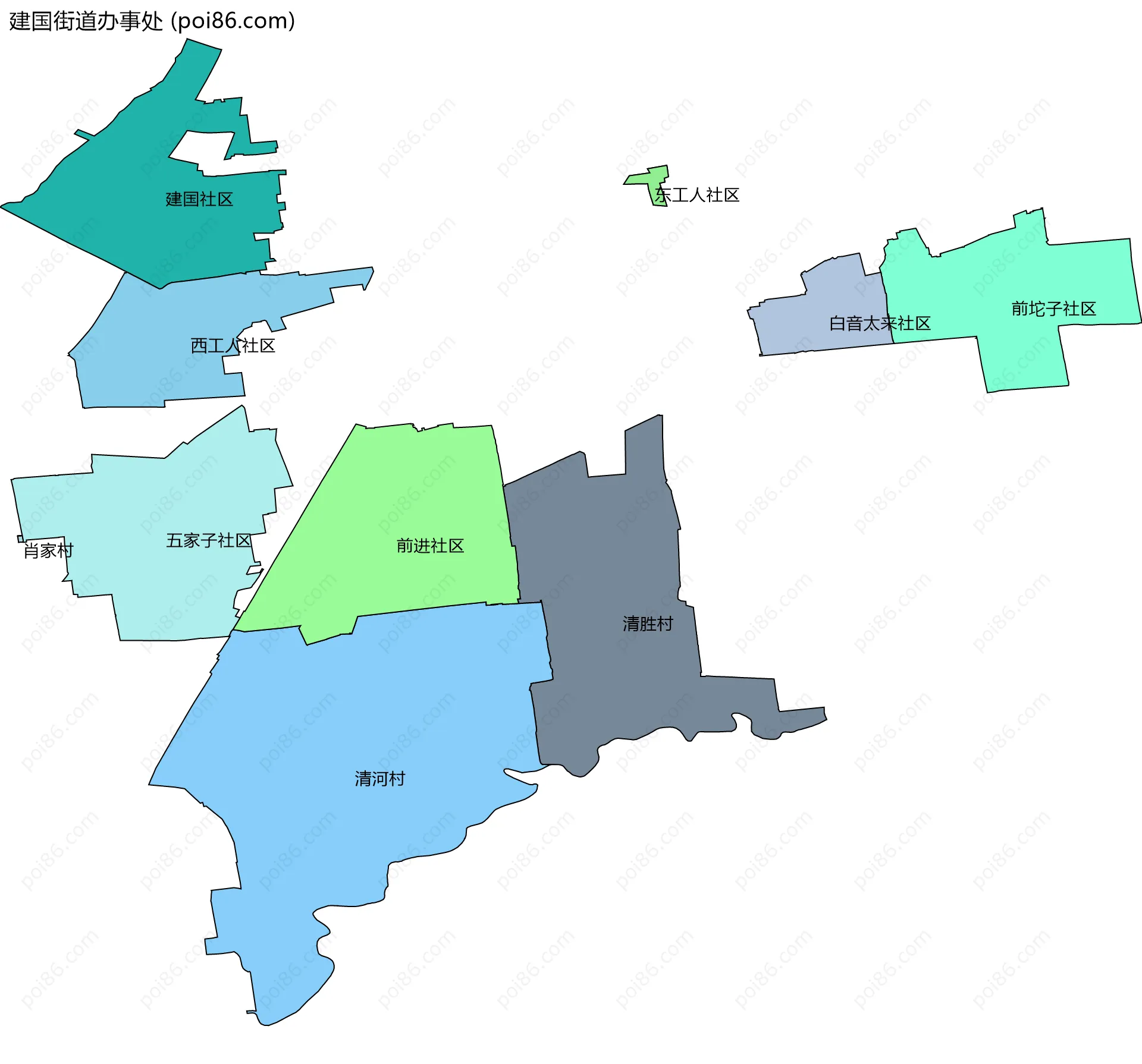 建国街道办事处边界地图(五级行政区划)