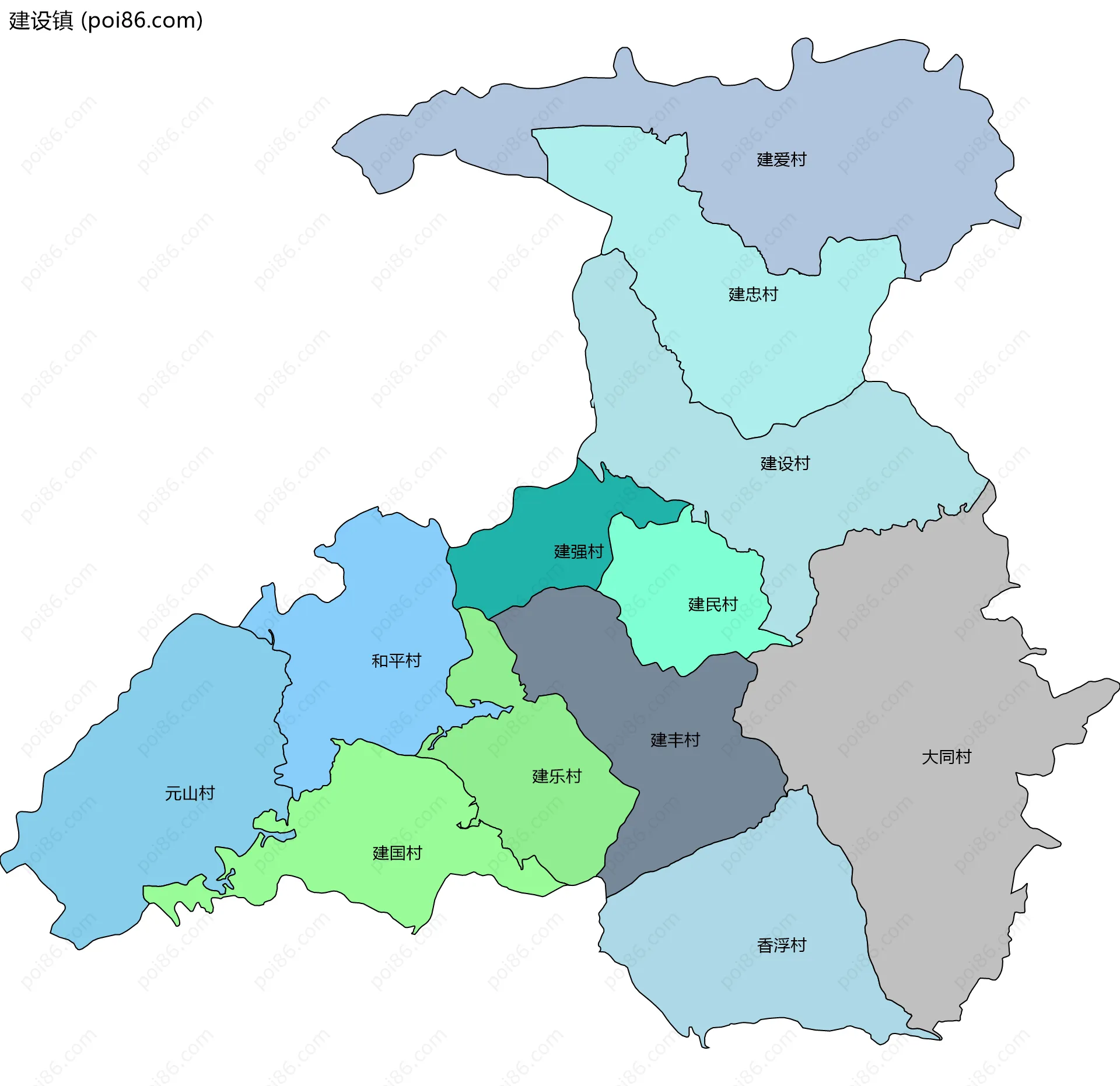 建设镇边界地图(五级行政区划)