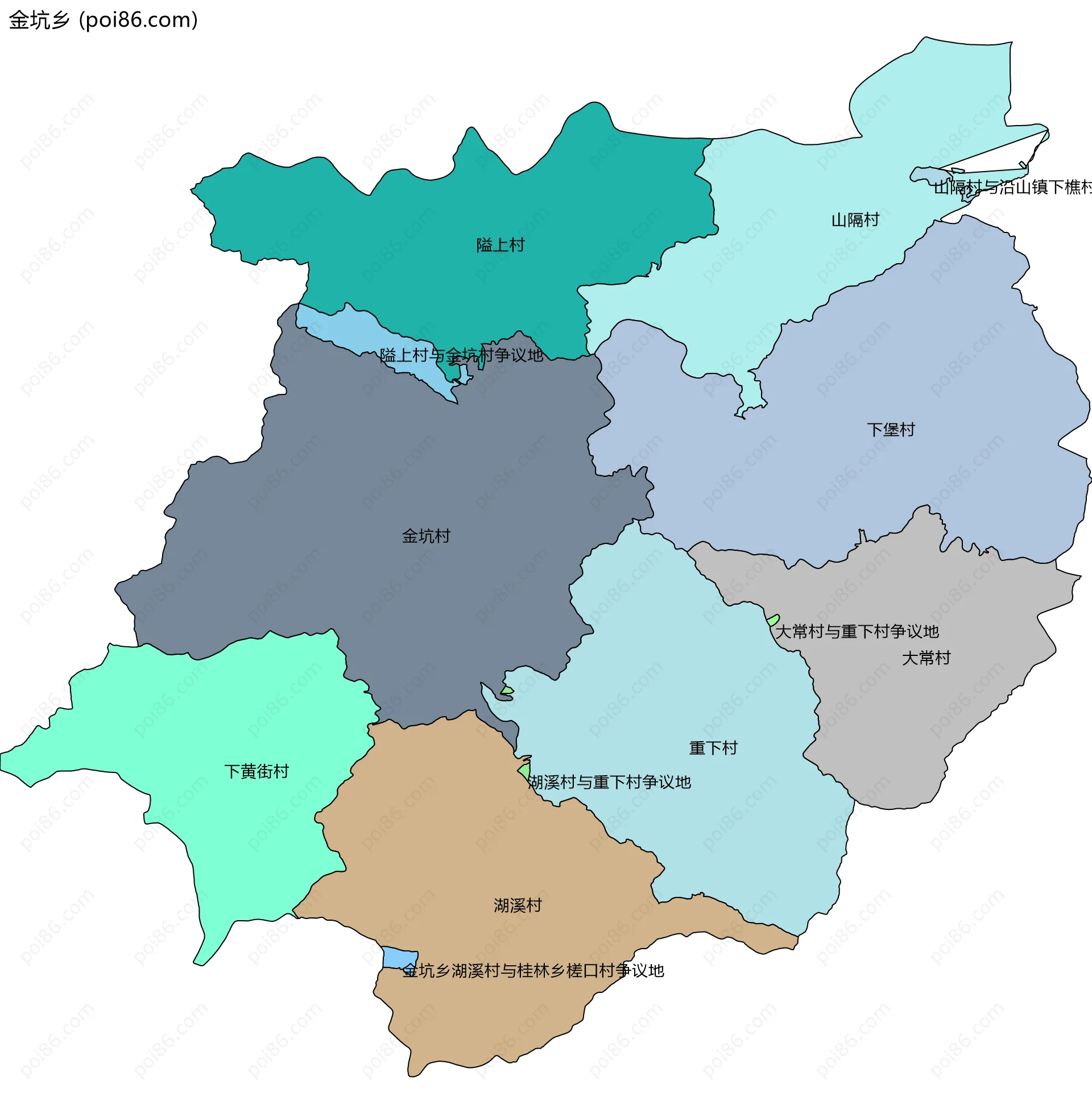 金坑乡边界地图(五级行政区划)