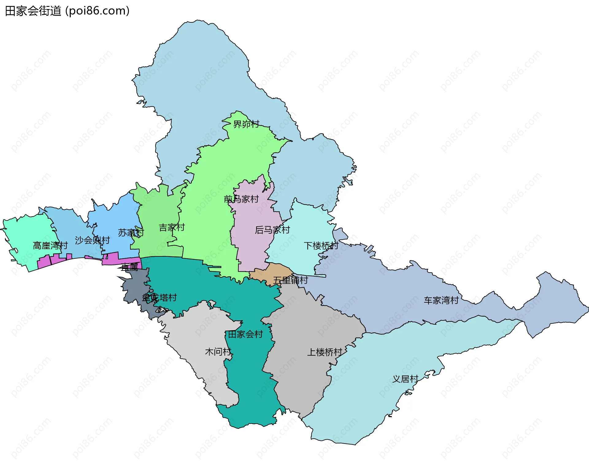 田家会街道边界地图(五级行政区划)