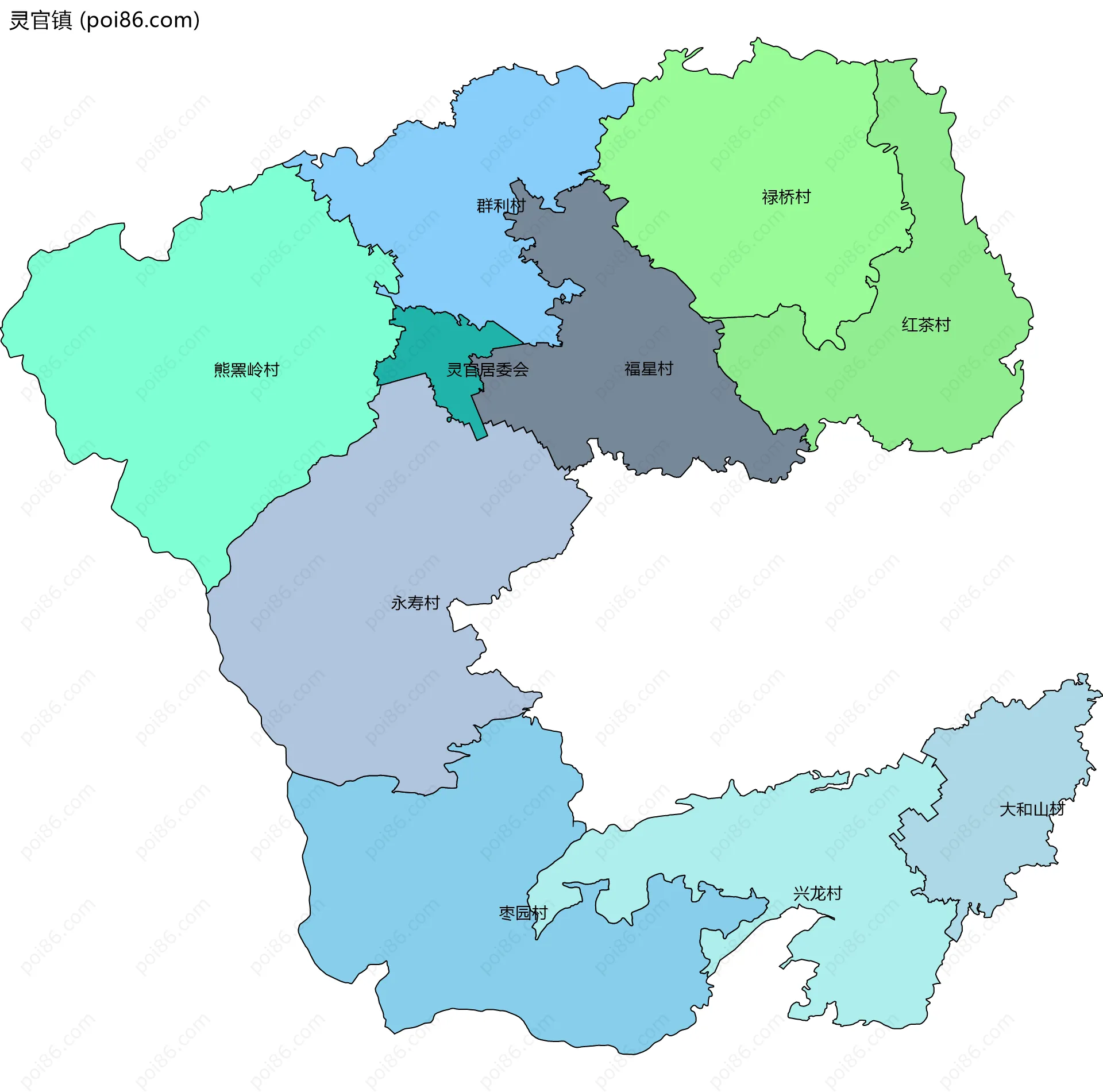 灵官镇边界地图(五级行政区划)