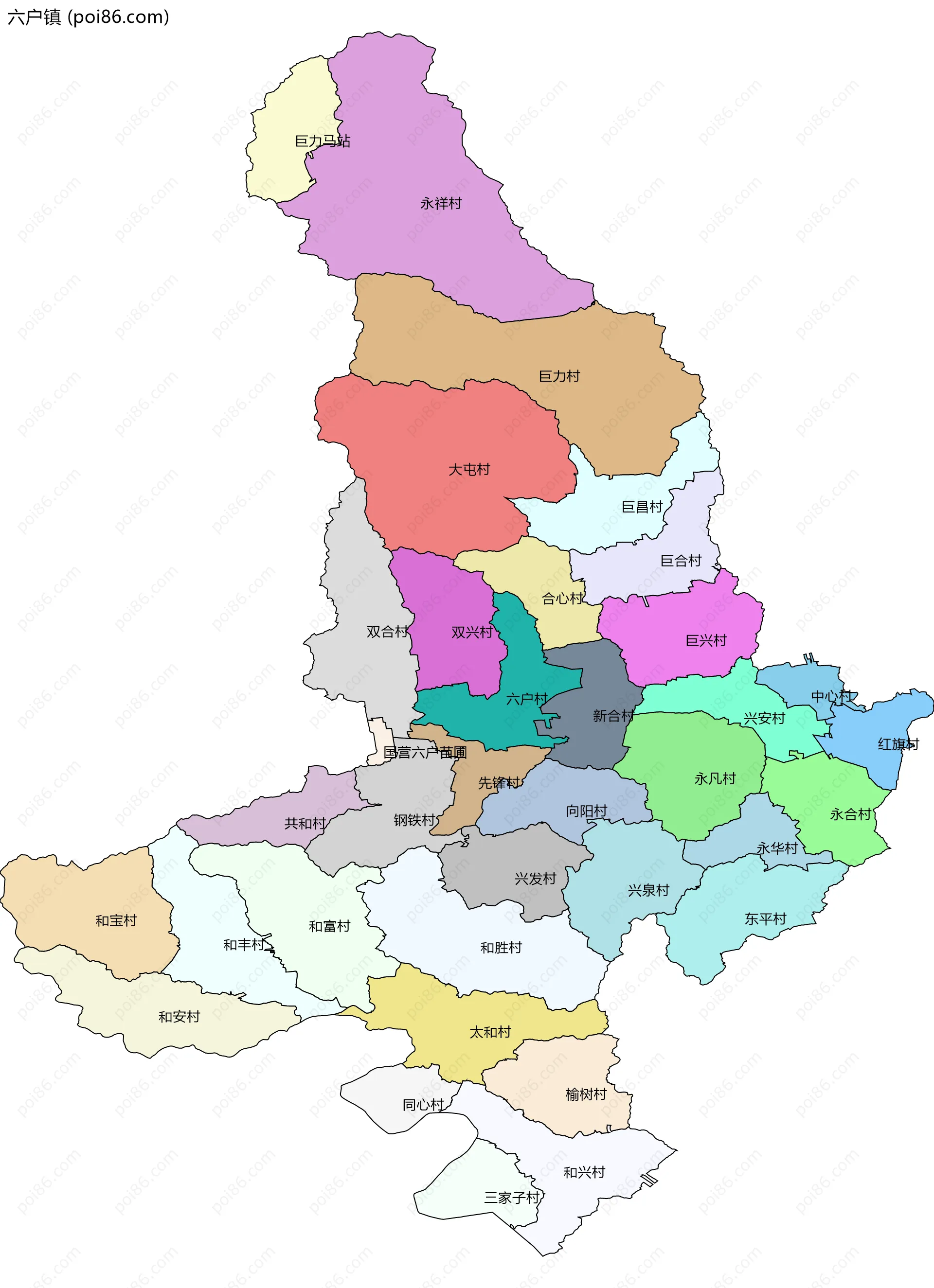 六户镇边界地图(五级行政区划)