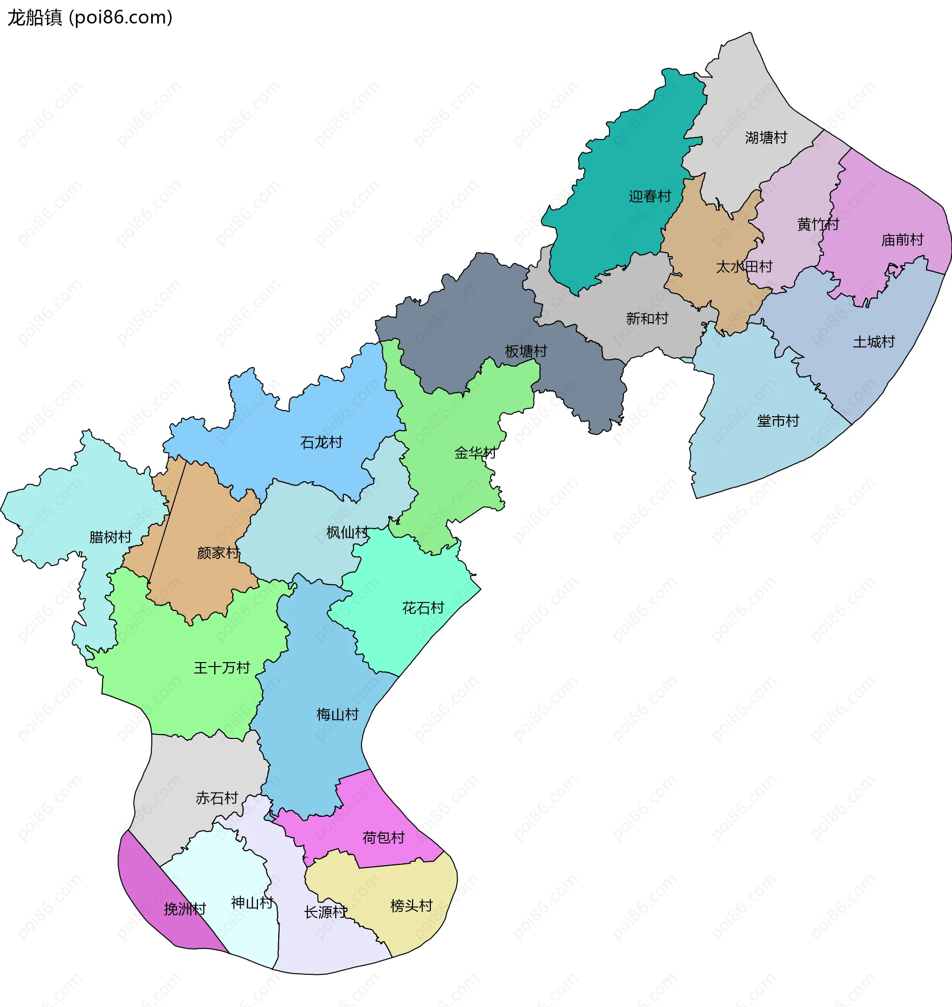 龙船镇边界地图(五级行政区划)