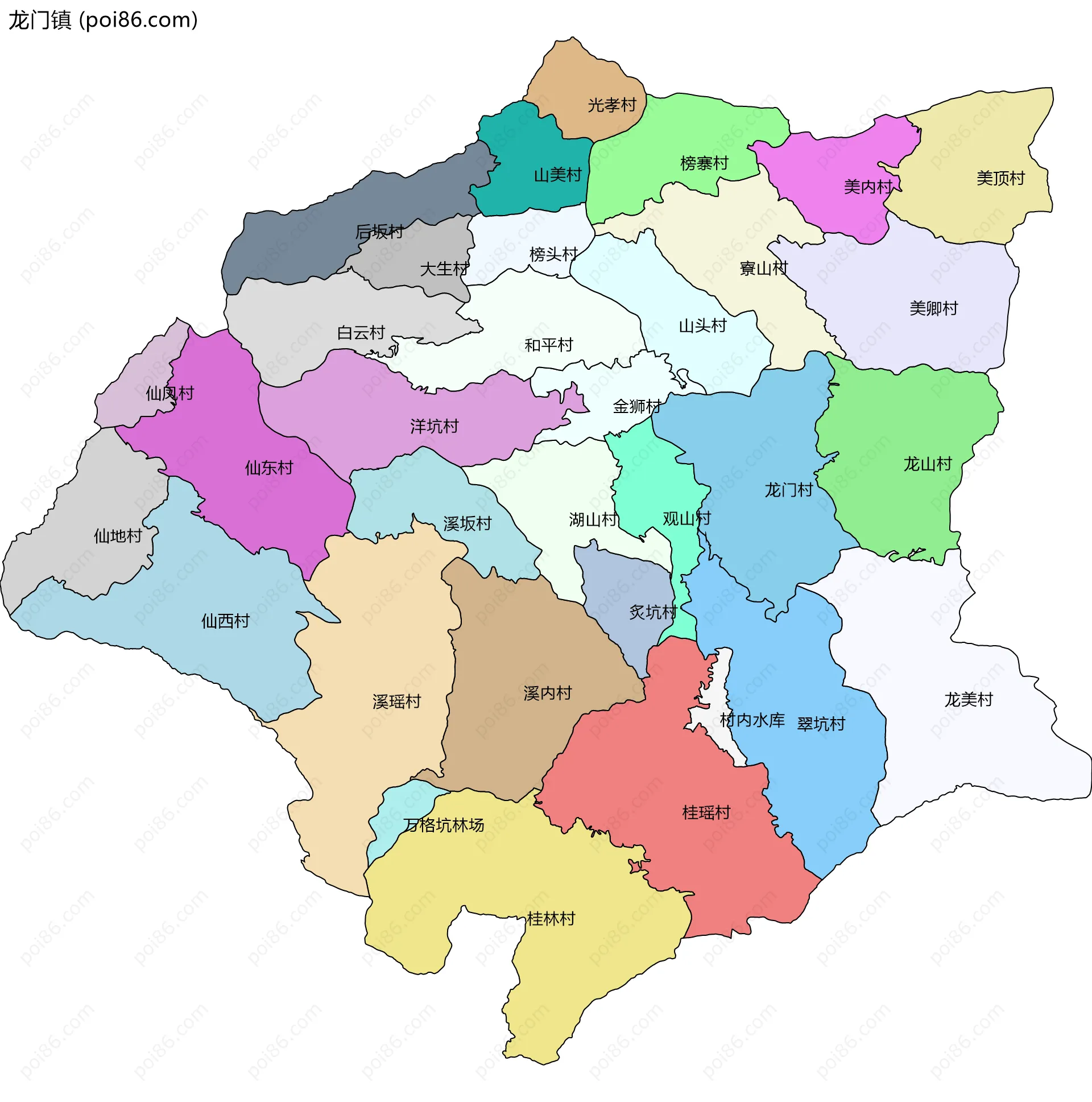 龙门镇边界地图(五级行政区划)