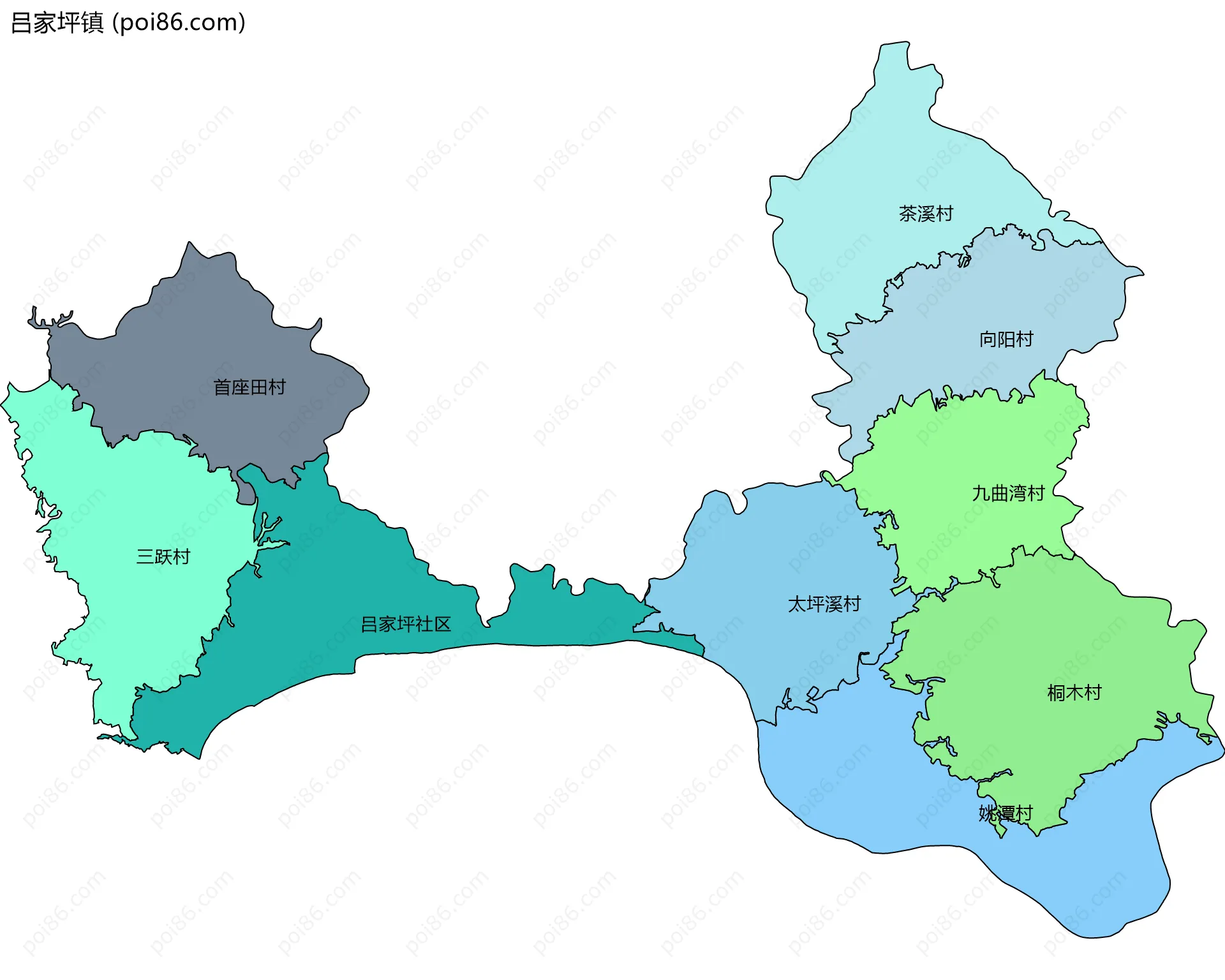 吕家坪镇边界地图(五级行政区划)